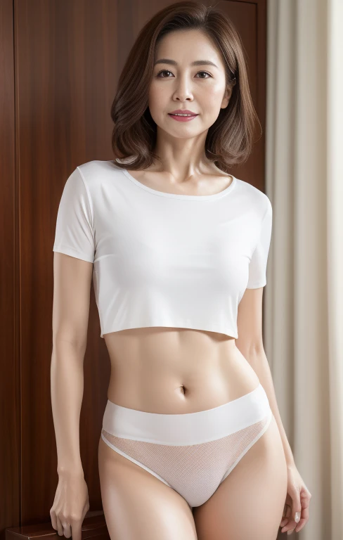 ((High resolution, High resolution, Attention to detail, masterpiece)), Rough skin, Anatomically correct, sharp, White Background ((Japanese Mature, 30 years old)), alone, Shapely large breasts, Straight black hair that reaches the shoulders, Chubby body type, (((Stand upright, from the front)),Tank top, Red panties,