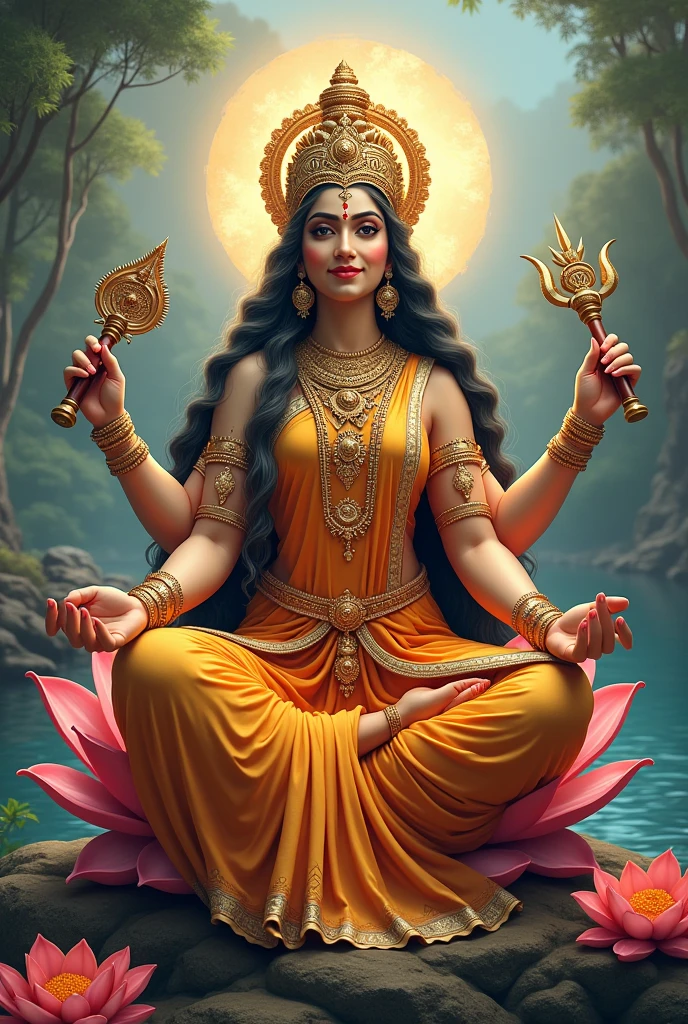 An indian Goddess having Long curly thick hair. White skin with Golden glow. Red bindi. Wearing Traditional Indian attire saree and crown. Adorned with golden ornaments. 4 hands. Beautiful goddess.
Holding lotus in left hand and right hand is in blessing posture. Sitting on a lotus, lots of gold oroung flowing, goddess of wealth, hd
Dark eyes and thick lips.