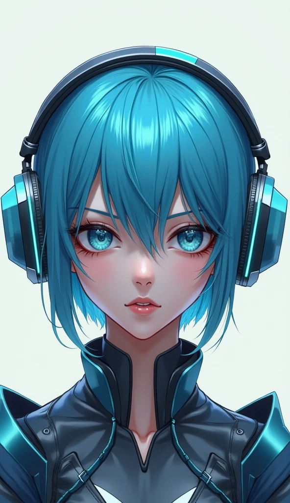 Background bright blue, portrait girl with colorful hair, big headphones, tattoo on neck
