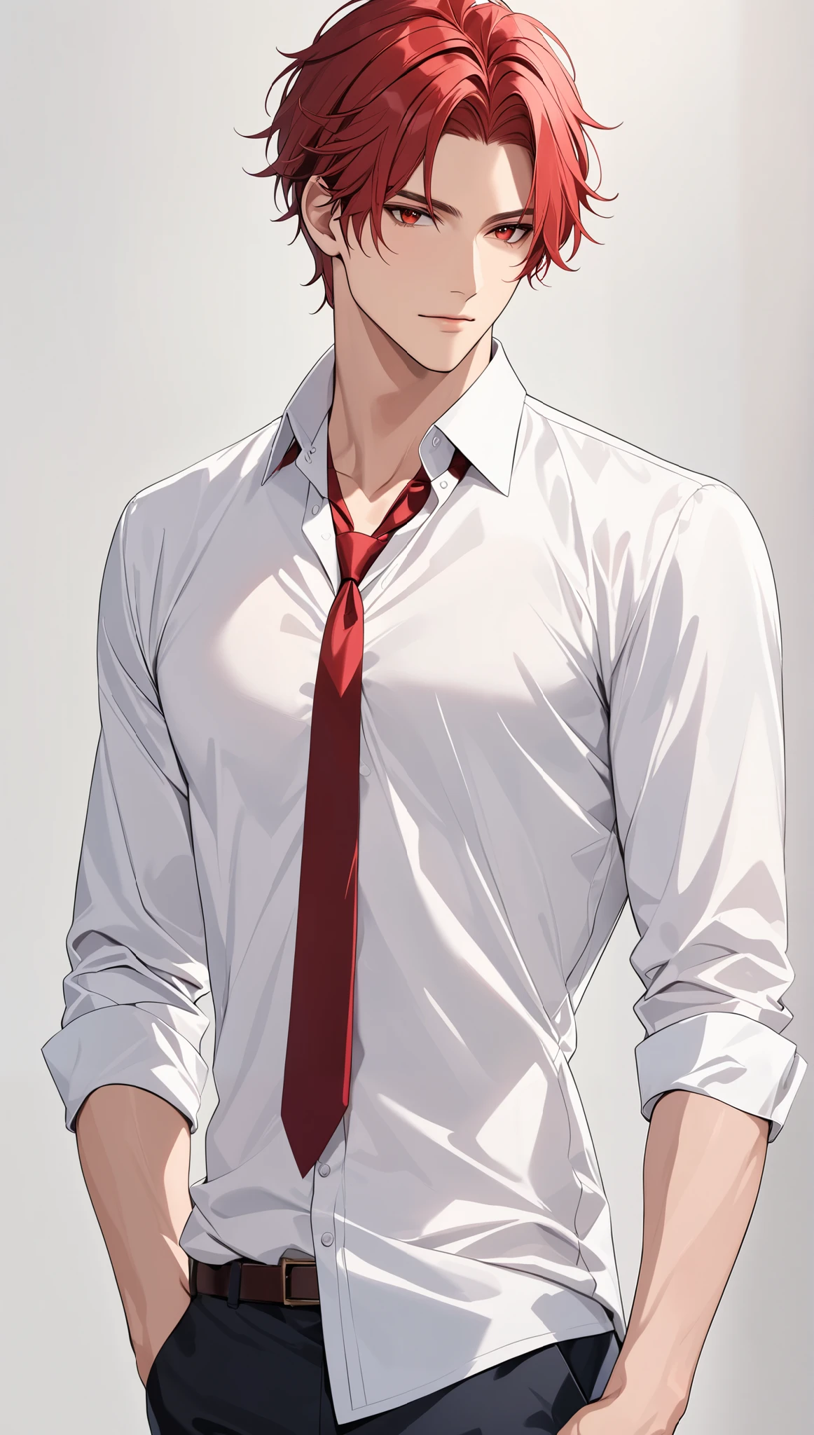 top quality　 Masterpiece 　 high definition 　 Masterpiece 　, red hair man,　　 red Eyes man 　  plain backround, no backround, white backround, male, mascular body , handsome, ikemen, white shirt, red tie, partly unbottoned shirt