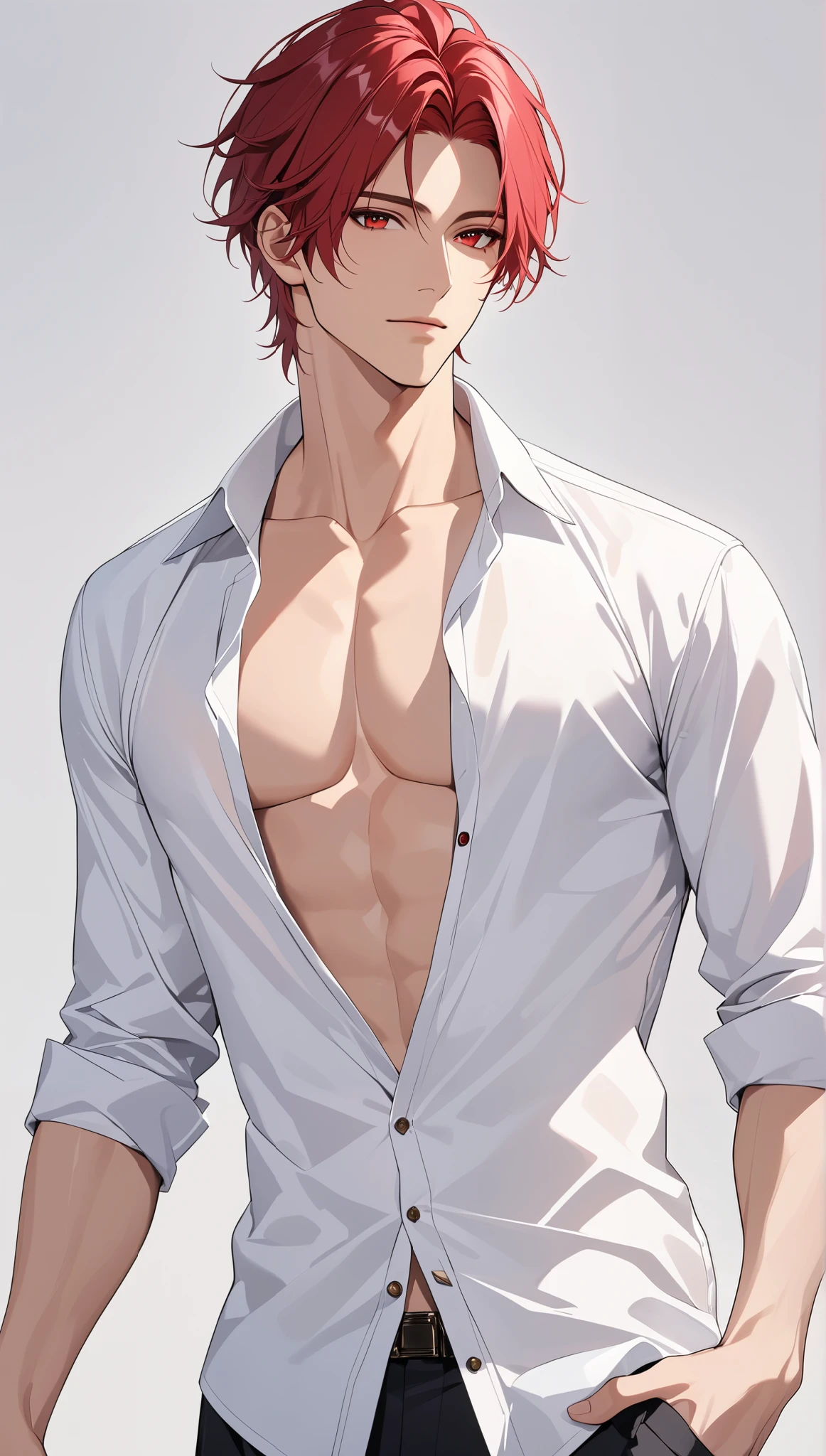 top quality Masterpiece high definition Masterpiece , red hair man, red Eyes man plain backround, no backround, white backround, male, mascular body , handsome, ikemen, white shirt, red tie, partly unbottoned shirt