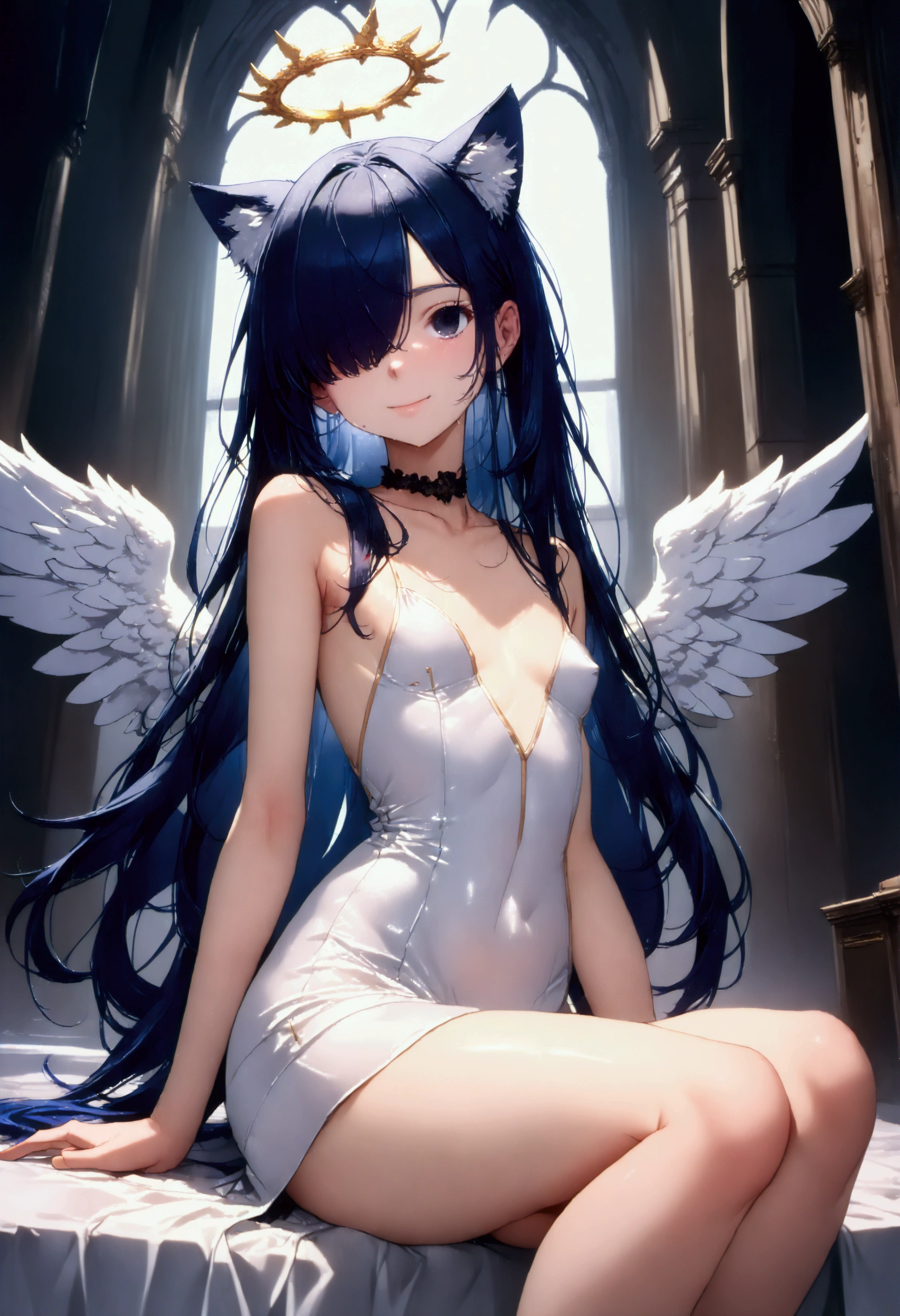 1girl, mature female, masterpiece, mistress, goddess, long_hair, black_hair, nude, naked, nipple, white wings, angel