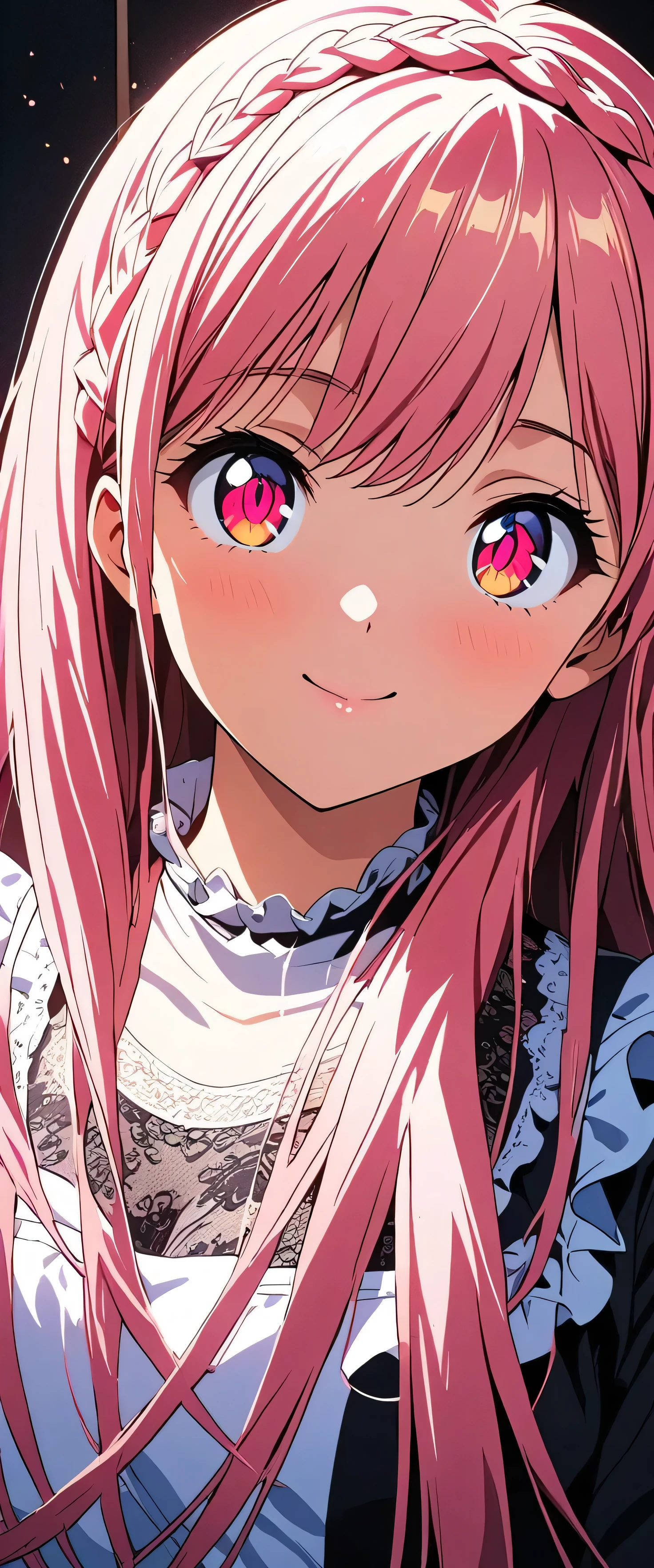 (Close up on the eyes:1.5),(beautiful girl:1.3),masterpiece,Please redeem,Ultra-high resolution, rich contrast,Very high quality,8k,Highly detailed CG unit wallpaper,Texture,So ridiculous,RAW Photos,Highest quality anime,anime-style illustration,studio anime style,professional photograph,an extremely delicate and beautiful,Depth of written boundary 1.2,ultra-detailed eyes,Glowing Skin,Glitter Effect,Beautiful glossy lips, big eyes, round eyes,Sit and pose,(pink Hair,Crown braid),bashou \(Senran Kagura\),Maid Cafe,Maid uniform,Dynamic Angle,look up:1.3,Friendly atmosphere,Beautiful Hair,Shiny Hair,Detailed face and eyes,Curvy Women,swept bangs,smile,closed mouth,