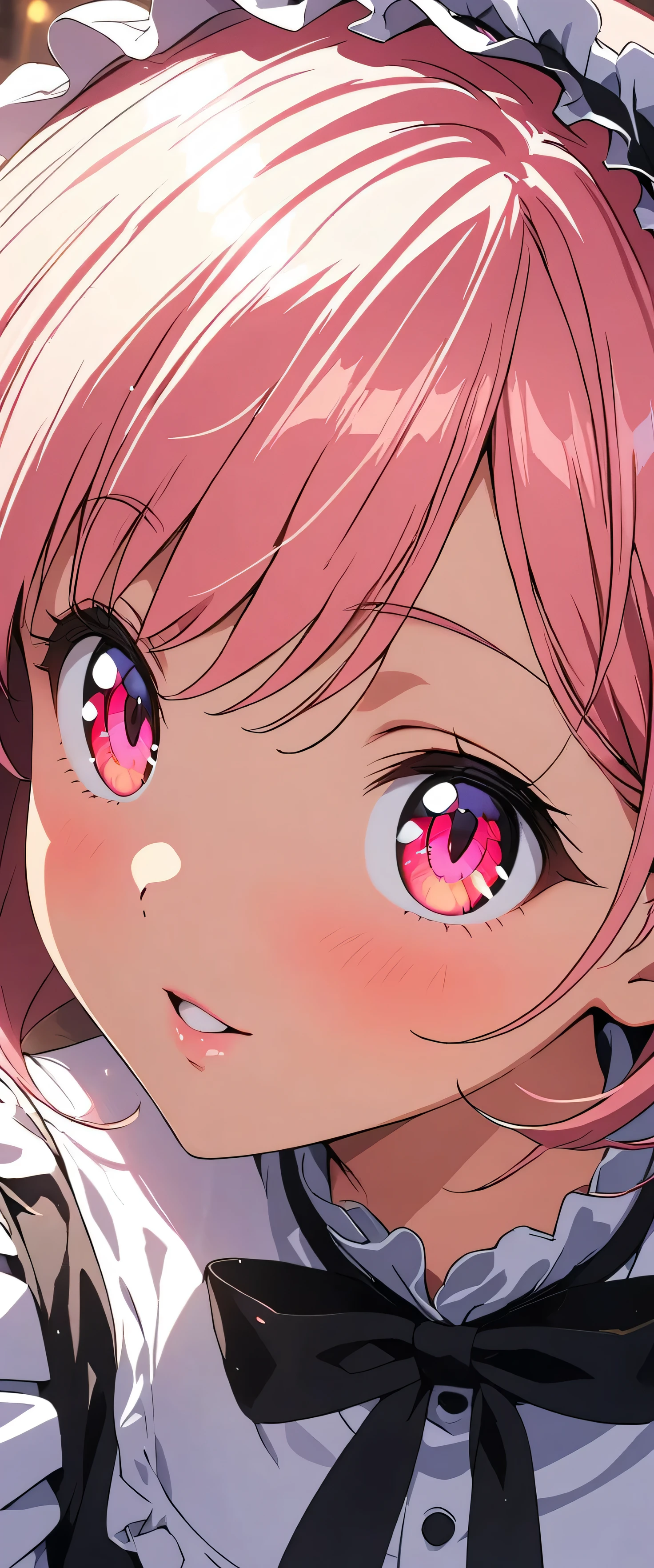 (Close up on the eyes:1.5),(beautiful girl:1.3),masterpiece,Please redeem,Ultra-high resolution, rich contrast,Very high quality,8k,Highly detailed CG unit wallpaper,Texture,So ridiculous,RAW Photos,Highest quality anime,anime-style illustration,studio anime style,professional photograph,an extremely delicate and beautiful,Depth of written boundary 1.2,ultra-detailed eyes,Glowing Skin,Glitter Effect,Beautiful glossy lips, big eyes, round eyes,Sit and pose,(pink Hair,Crown braid),bashou \(Senran Kagura\),Maid Cafe,Maid uniform,Dynamic Angle,look up:1.3,Friendly atmosphere,Beautiful Hair,Shiny Hair,Detailed face and eyes,Curvy Women,swept bangs,smile,closed mouth,((うなじにクローズアップ:1.5))