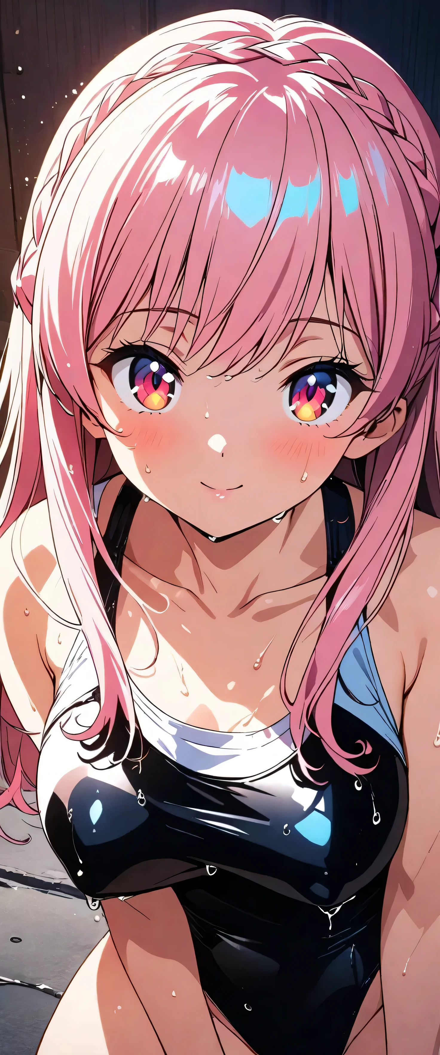 (Close up on the eyes:1.5),(beautiful girl:1.3),masterpiece,Please redeem,Ultra-high resolution, rich contrast,Very high quality,8k,Highly detailed CG unit wallpaper,Texture,So ridiculous,RAW Photos,Highest quality anime,anime-style illustration,studio anime style,professional photograph,an extremely delicate and beautiful,Depth of written boundary 1.2,ultra-detailed eyes,Glowing Skin,Glitter Effect,Beautiful glossy lips, big eyes, round eyes,Sit and pose,(pink Hair,Crown braid),bashou \(Senran Kagura\),Friendly atmosphere,Beautiful Hair,Shiny Hair,Detailed face and eyes,swept bangs,smile,closed mouth,,(High Leg Cut Racing Swimwear:1.5),夜のプール,大きい胸,((wet))