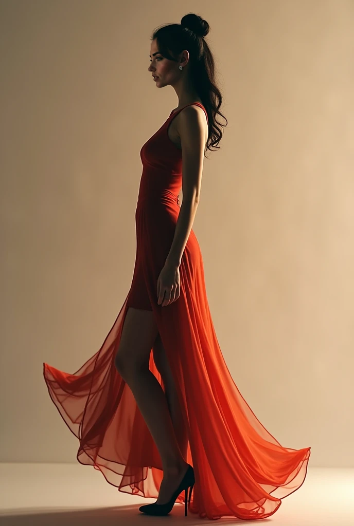 The studio features a bright, white backdrop with dramatic lighting. She wears a high-fashion, red asymmetrical dress with a one-shoulder design and a high slit. Her black hair is styled in voluminous, tousled waves. She strikes a dynamic pose mid-motion, with one leg extended forward and her arms outstretched as if caught in the middle of a twirl. Her movement creates a sense of energy and excitement, while the lighting highlights the bold lines and vibrant color of the dress.