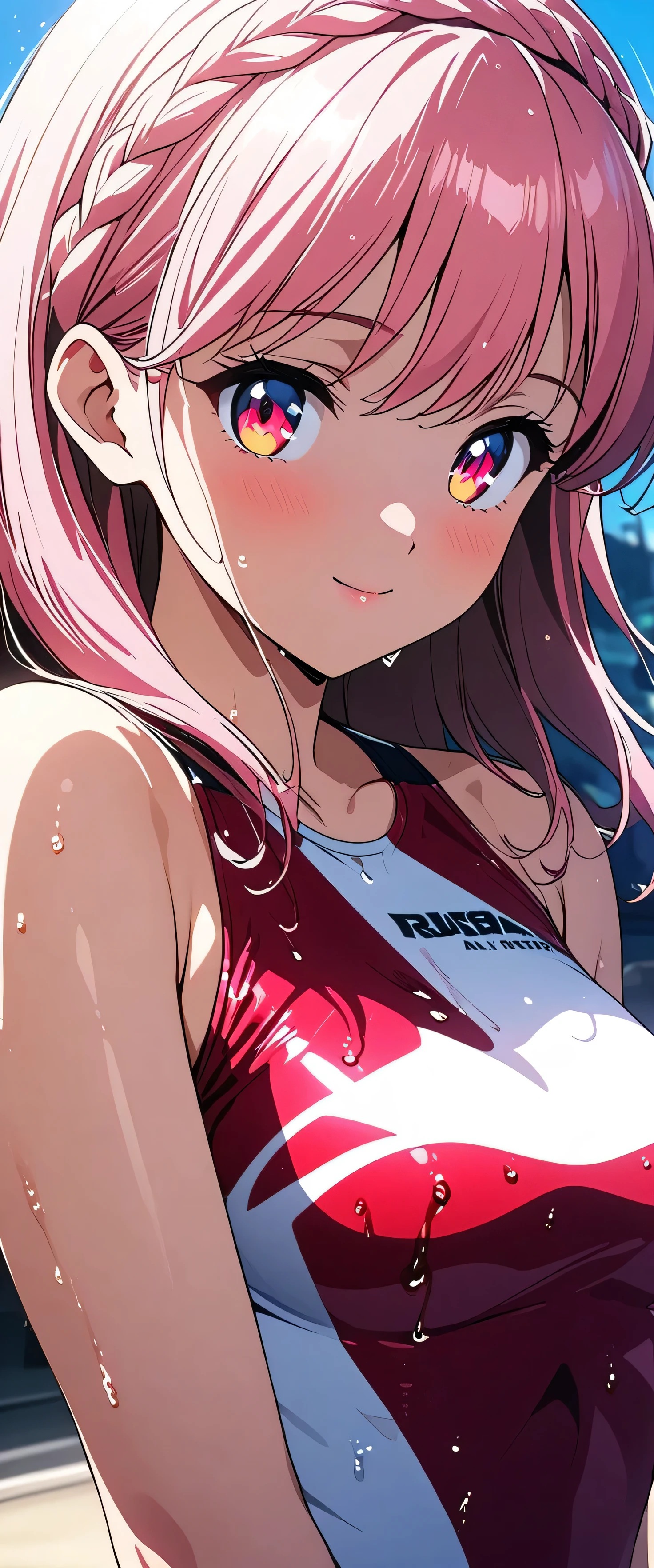 (Close up on the eyes:1.5),(beautiful girl:1.3),masterpiece,Please redeem,Ultra-high resolution, rich contrast,Very high quality,8k,Highly detailed CG unit wallpaper,Texture,So ridiculous,RAW Photos,Highest quality anime,anime-style illustration,studio anime style,professional photograph,an extremely delicate and beautiful,Depth of written boundary 1.2,ultra-detailed eyes,Glowing Skin,Glitter Effect,Beautiful glossy lips, big eyes, round eyes,Sit and pose,(pink Hair,Crown braid),bashou \(Senran Kagura\),Friendly atmosphere,Beautiful Hair,Shiny Hair,Detailed face and eyes,swept bangs,smile,closed mouth,,(High Leg Cut Racing Swimwear:1.5),夜のプール,大きい胸,((wet)),恥ずかしい