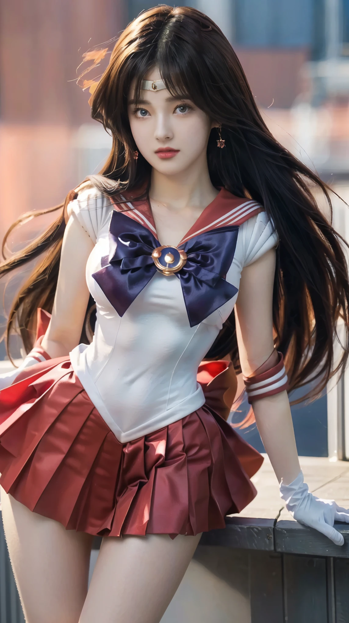 (8K, RAW photos, best quality, masterpiece:1.2), (Ultra-high resolution:1.0), detailed illustration, detailed, (Practical, photo-Practical:1.37), detailed beautiful skin, Sailor Moon, (1 girl: 1.2),(whole body:1.2),(Guido Daniel (Guido Daniele) of hands:1.2), slim, Lovely, Happy, Long hair, Long legs, cleveage,Blue Skirt,Red bow tie,blue eyes,blond,Double tail,Hair Bun,Hair accessories,Blue sailor collar, Red necklace, Red Boots, High heel, Sailor warrior, White gloves,Headdress,Elbow gloves,Pleated Skirt,Knee-high boots Blue sky, Beautiful sky, (landscape), lake, Falling Flowers, Fallen Leaves, Cowboy shooting, (A black face:1.2)