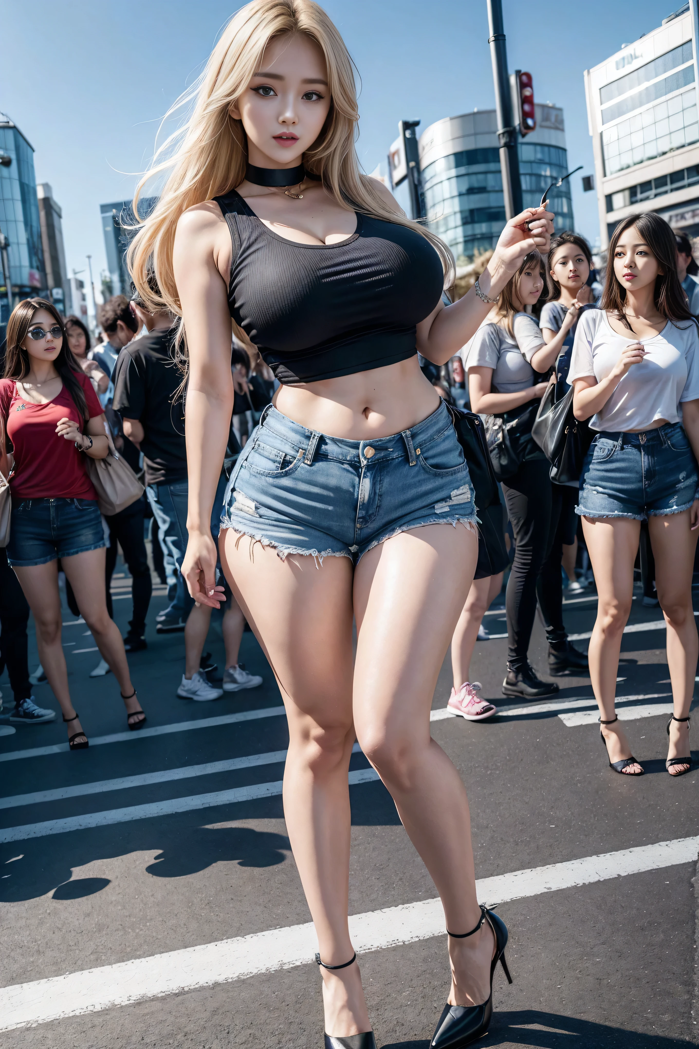 (8k、RAW Photos、Highest quality、masterpiece:1.2)、(Realistic、Realistic:1.37)、Very detailed、Ultra-high resolution、1 person、Turn around to look at your audience、Beautifully detailed face、Laughter、Accentuate from knee to toe、(Tight waist) :1.3)、beautifully detailed skin、Skin Texture、Floating Hair、Professional Lighting、Human whole body、Long Hair、Silver-haired、Beautiful legs、Micro Mini Skirt、Light blue clothes、festival、street、Bob Hair、夏festival、Opening a store、smile、(((The whole body to the toes)))、(((The blouse is completely open in the front.、I can see your chest)))、Lower milk exposed、Huge breasts、black transparent stockings