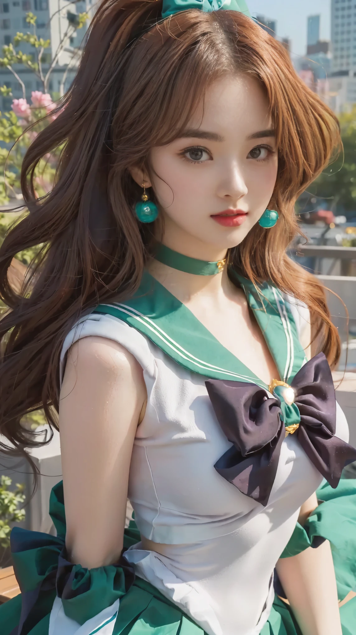 sailor girl posing on a rooftop with a city in the background, realistic style, anime girl cosplay, anime cosplay, the sailor moon. beautiful, big breasts, pleated skirts, super short skirts, tight clothes, thin lips, shiny lips, inspired by Sailor Moon, photorealistic anime, hyper realistic, realistic, sailor moon style, rei hino as a princess, anime girl in real life, by Sailor Moon, realistic cosplay