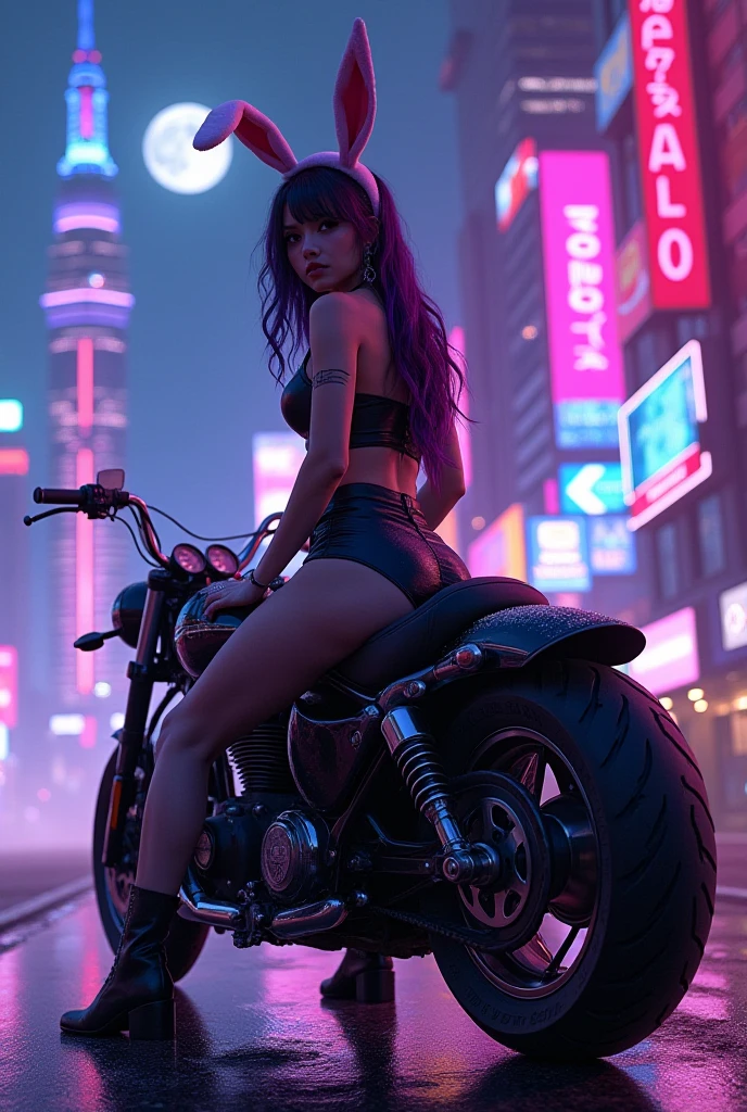 masterpiece, best quality, 1 cyberpunk girl, full body shot, standing in front of motorcycle, looking at viewer, Confident cyberpunk girl with sassy expression, Harajuku-inspired pop outfit, bold colors and patterns, eye-catching accessories, trendy and innovative hairstyle, vibrant makeup, Cyberpunk dazzling cityscape, skyscrapers, neon signs, LED lights, bright and vivid color scheme, anime, illustration, detailed skin texture, detailed cloth texture, beautiful detailed face, intricate details, ultra detailed.