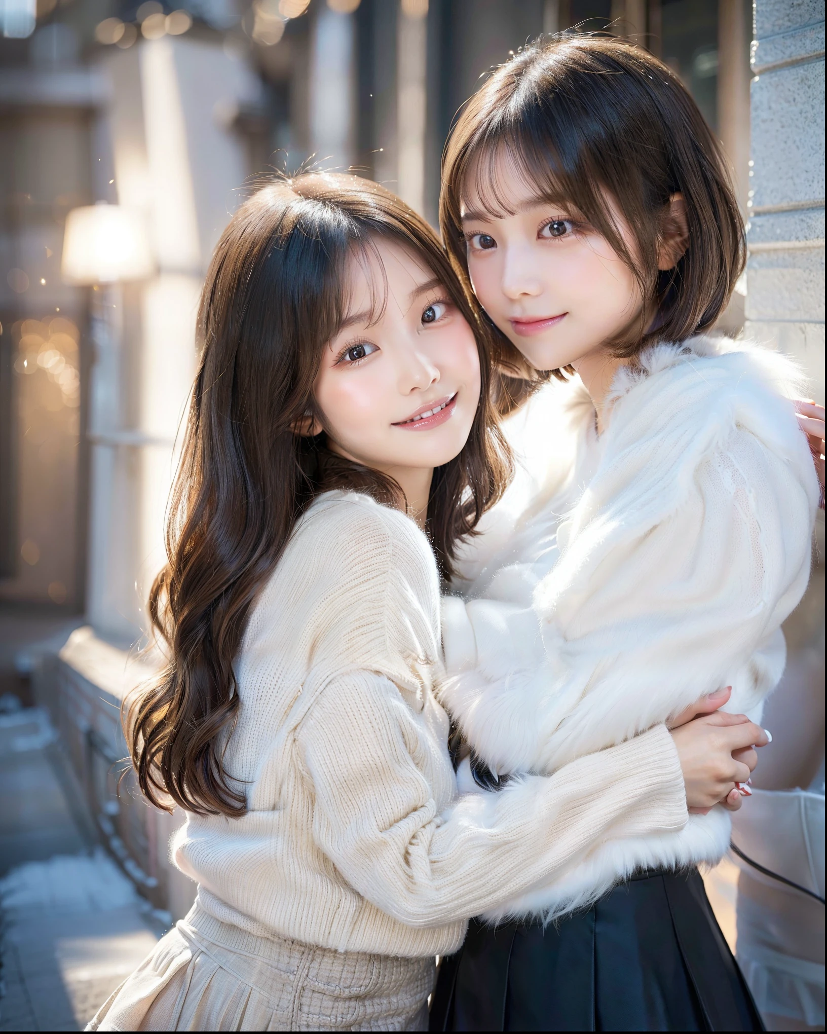 A ((hyper-realistic)) and (((ultra-detailed))) image of two girls embracing each other lovingly, set in a soft and neutral background.
One is a girl with ((semi-long hair)) wearing a white knitted sweater and a pink tulle skirt, her youthful features glowing with a natural complexion.
The other is a -yeld giwith a ((bob haircut)), slightly taller, dressed in a luxurious fur coat and chic culotte skirt, her mature yet ((slightly youthful)) face exuding warmth.
The lighting captures every detail in (((4K resolution))), from the fine texture of their skin to the strands of their hair, each strand clearly visible.
The girls are depicted with ((lifelike)) expressions, showing deep affection and intimacy, their embrace tender and natural.
Their faces look slightly ((younger and softer)), emphasizing innocence and warmth.
The mood is warm and heartfelt, with a soft focus on their facial expressions, hairstyles, and outfits, showcasing the realism of their connection.