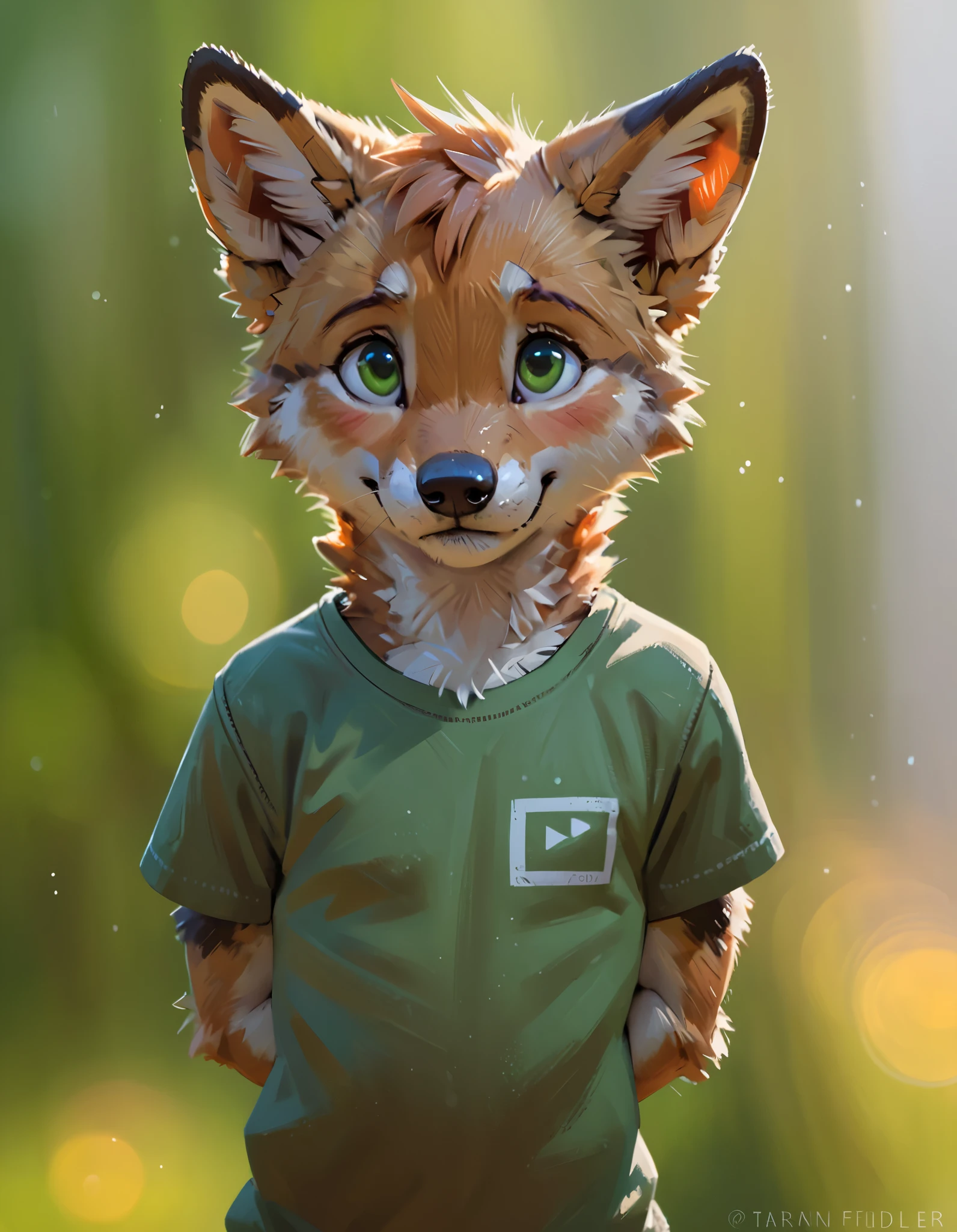 Anthropomorphic coyote pup, solo, young, small, shy, nervous smile, green eyes, big t-shirt, hands behind back, ginger fur, depth of field, (by Taran Fiddler)
