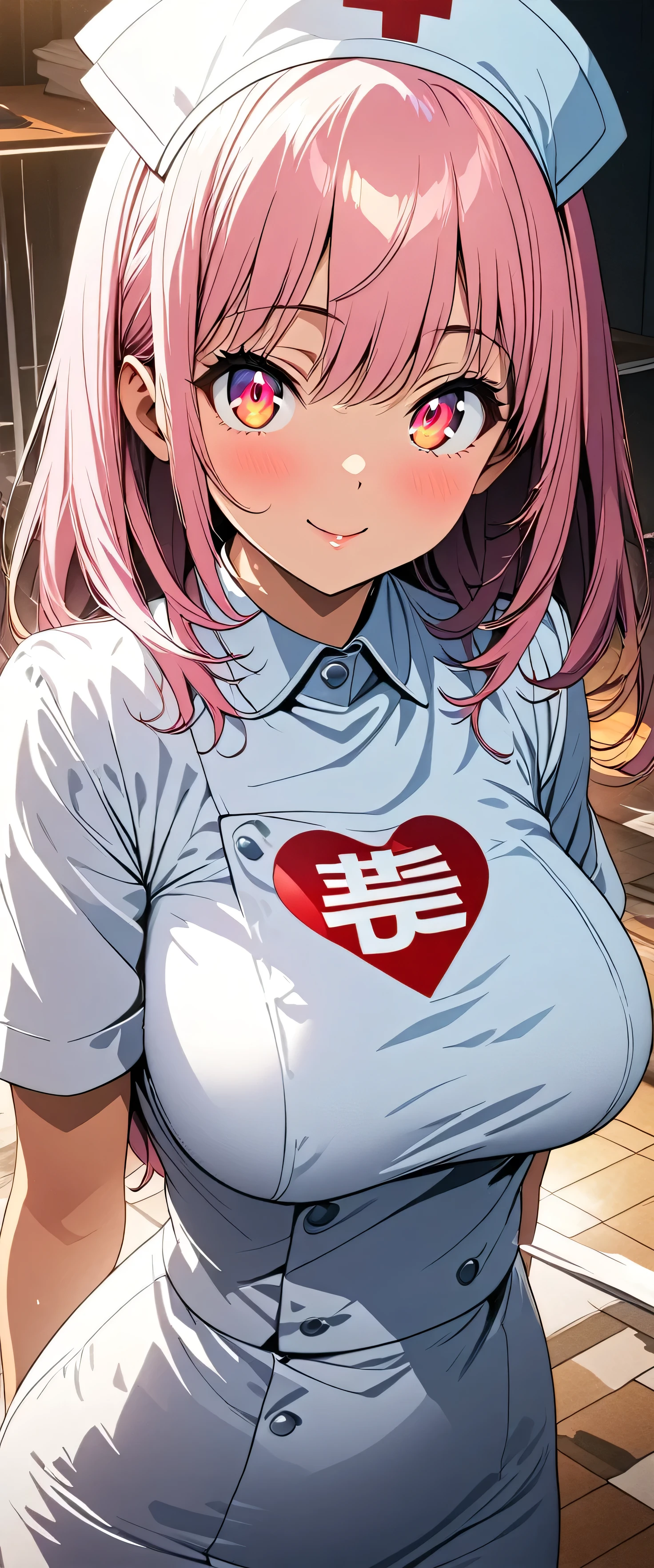 (beautiful girl:1.3),masterpiece,Please redeem,Ultra-high resolution,rich contrast,Very high quality,8k,Highly detailed CG unit wallpaper,Texture,So ridiculous,RAW Photos,Highest quality anime,anime-style illustration,studio anime style,professional photograph,an extremely delicate and beautiful,Depth of written boundary 1.2,ultra-detailed eyes,Glowing Skin,Glitter Effect,Beautiful glossy lips,Big eyes,Round eyes,(pink hair,ショートヘア),nurse uniform,Nurse working at the hospital,exceptional smile,white nurse uniform,Large Breasts,Big Round Ass,Big smile,Open your mouth wide,(((piece sign))),big smile,closed mouth,