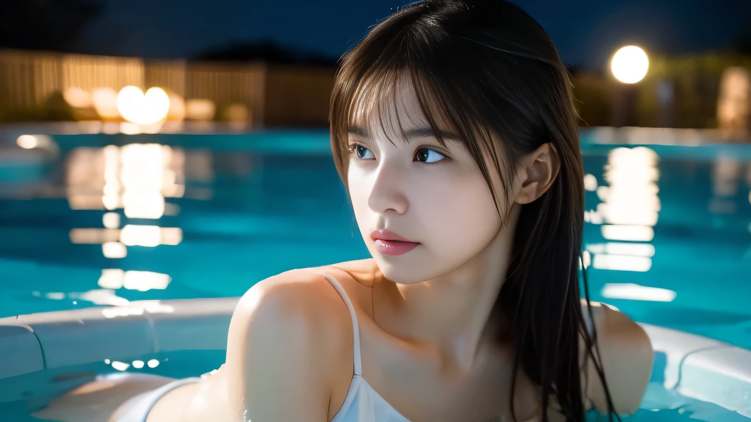 Completely naked、whole body、Highest quality, masterpiece, Ultra-high resolution, (Realistic:1.4), RAW Photos, The most famous Japanese idols have a great time at the night pool,  (Variety of faces, Very cute face, Very beautiful face, Very childish face, Very sexy face), They all have such beautiful big eyes, very beautiful colorful hair, All the skins are very beautiful, Very beautiful long eyelashes, Very beautiful lips, 