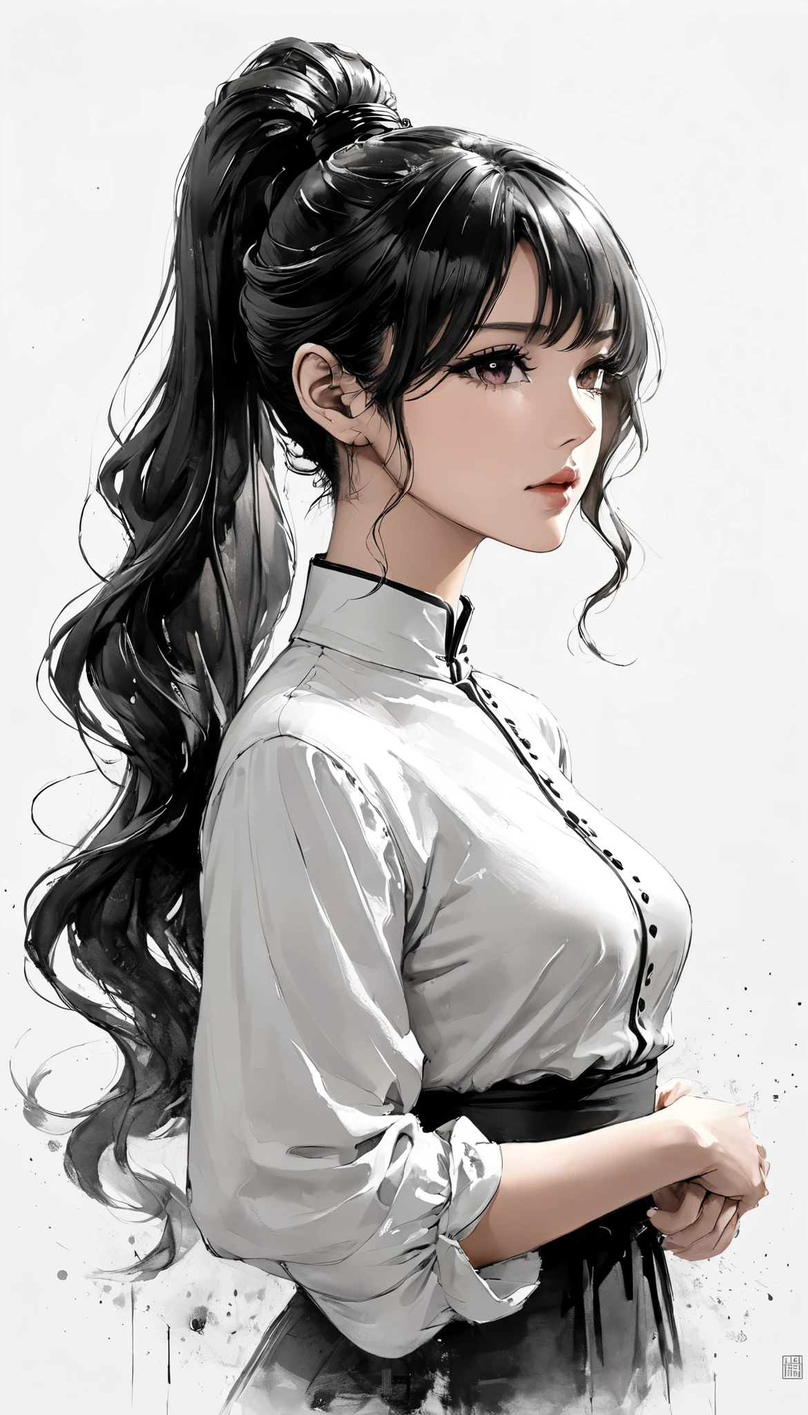 Neo-noir futuristic art style, waist-up, proportional body, semi-realistic anime-style of woman facing side. Mature woman, long, black hair tied in ponytail hair style, loose waves over shoulders. Age 23. Warm tan skin tone, golden undertones, gentle ((pink)) colored eyes. Large, upturned, almond-shaped eyes, soft, nurturing expression. Thick, naturally arched eyebrows. Small, slightly upturned nose. Full lips, naked color lips, set in a gentle smile, exuding warmth. Soft, graceful vibe. Modest blouse with high collar, relaxed yet elegant posture, dignified and serene. Clean background. Black white and blue, anime style, Chinese theme, hyperdetailed, ultra quality, 4k, intricate lighting, chiaroscuro, white background with one color ink spots, drawing stroke made with Rottring 0.5mm pen, perfect drawing lines