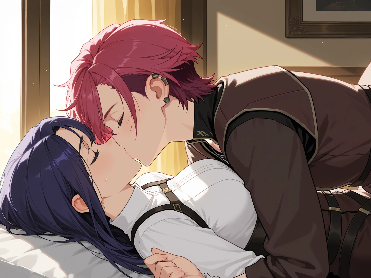 matingpress, 1girl, 1boy, lying on back, vaginal,mating press, kanao tsuyuri (demon slayer), purple eyes, black hair, butterfly hair ornament, ponytail, demon slayer corps uniform, tanjiro kamado(demon slayer), red hair, red eyes, anime style, checkered haori, green/black haori, demon slayer corps uniform