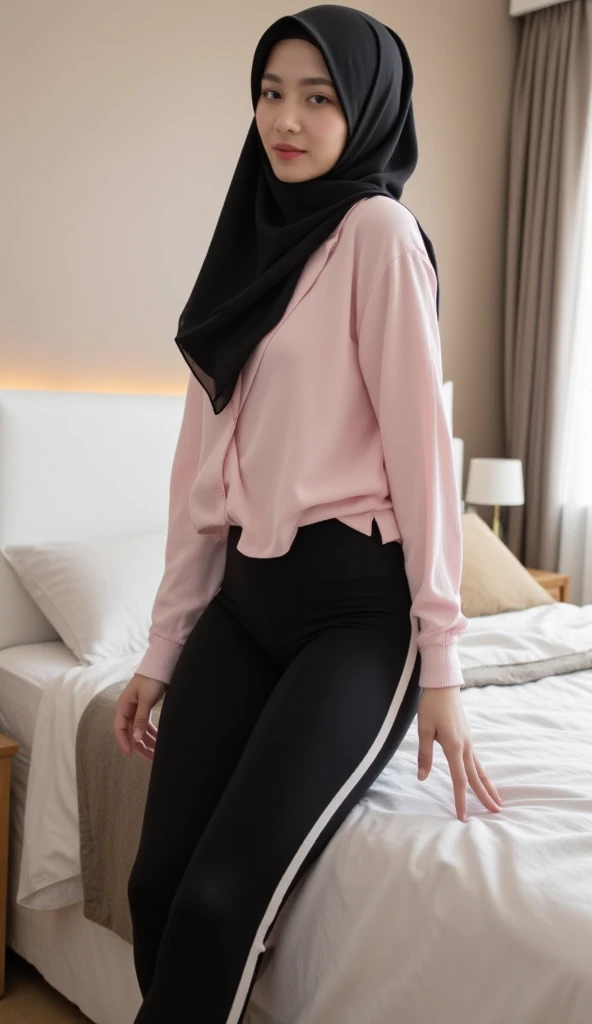 RAW, Best quality, high resolution, masterpiece: 1.3), beautiful Malay woman in hijab, Masterpiece, big gorgeous eyes, smiling, wear loose long sleeve shirt and legging, in changing room, Excellent lighting, Bright colors, Clean lines