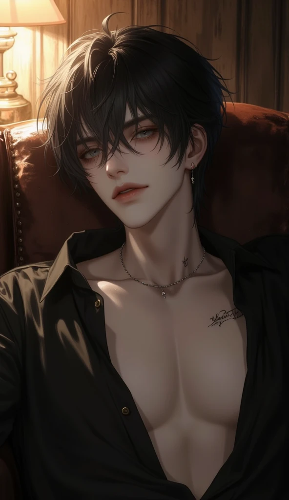 anime boy with black hair and black shirt smiling, tall anime guy with blue eyes, insane smile, anime portrait of a handsome man, young anime man, anime boy, anime handsome man, inspired by Okumura Togyu, inspired by Okumura Masanobu, artwork in the style of guweiz, anime boy lying on the bed with rose petals, wet body, bed, without any clothing except underwear, high quality fanart, hot expression, Beast, at pixiv, official fanart, pixiv, detailed fanart, relaxing, levi ackerman, in in the bedroom, relaxing environment, relaxing mood, by Shingei, anime asthetic, relaxing concept art, wet anime boy, with rose petals on the bed, beautiful atmosphere, hot anime boy, cute, beautiful body art, hot pose, beautiful, pretty face, cute pretty face, big cute eyes, beautiful expression