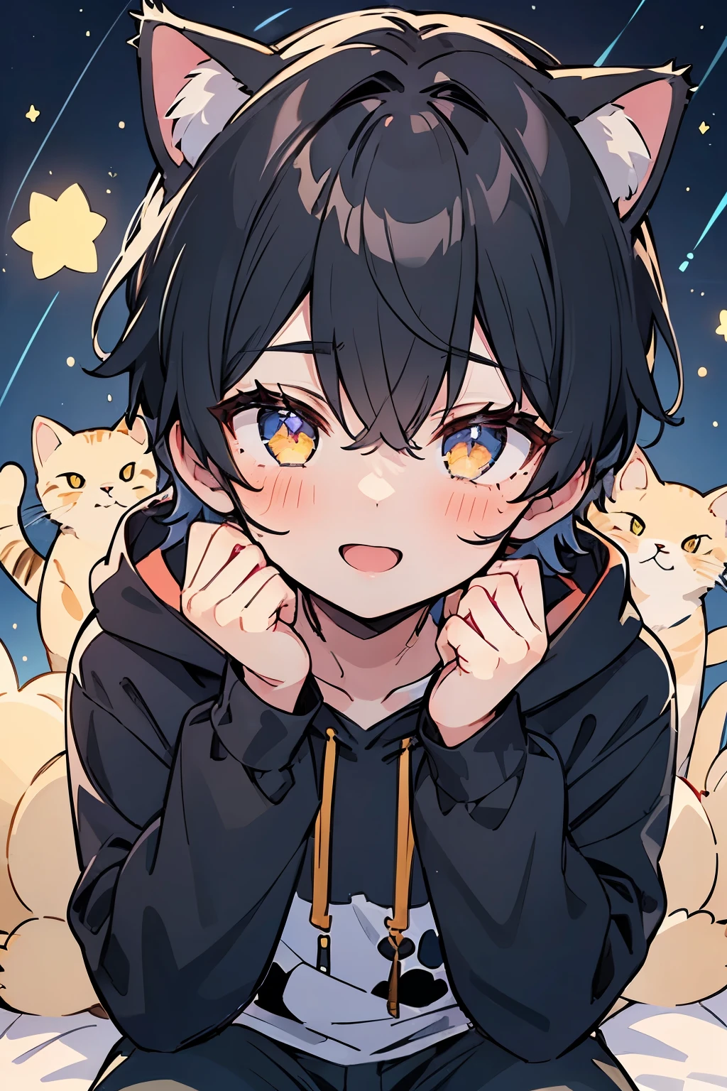 ((1-boy :1.5)),((Adult men with sex appeal:1.0)),black hair,(very short hair:1.0),braid hair,(red,white,yellow,black:0.85),((Kirakira eyes :1.0)),happy, pleasant face,cat ear hooded hoodie,(looking viewer:0.8) thick soled sneakers ,((kawaii)),(crouching:0.5),(Covered in cats:1.5),((night star background:1.0)),((cat tale:1.25)),