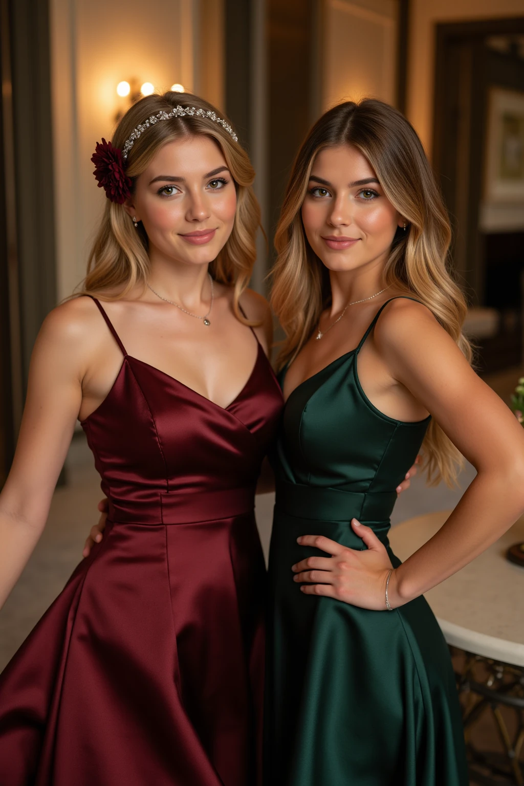 Two young brunette women, beautiful brown eyes. long brown hair. Short A-line bridesmaid dress made of shiny dark green satin, Tights, 项链, transparent lip gloss, narrow building, Pretty, 2, Full body photo, long legs, Satin top, dancing at a party, the two women look stunning. is enthusiastic. In the background are wedding guests