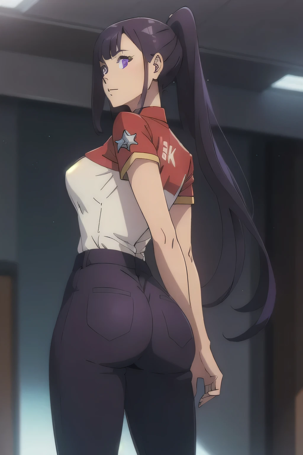 MisatoJ, 1girl, solo, purple hair, long hair, jewerly, earrings, jacket, breasts, looking at viewer, brown eyes, smile, bangs, red jacket, necklace, closed mouth, cross, cross necklace, cowboy shot,cropped jacket, long sleeves, dress, black dress, large breasts, stud earrings, short dress, looking back, from behind, ass focus, big ass,( from below:1.2) , open clothes, open jacket, blush, wide hips, hourglass body, curvy, milf, mature female,
outdoors, night, city, sky, buildings, neon city,
BREAK
masterpiece, best quality, highly detailed background, perfect lightingbest quality ((shiny skin, glossy skin, detailed skin)),
<lora:MisatoJ2:0.8>
