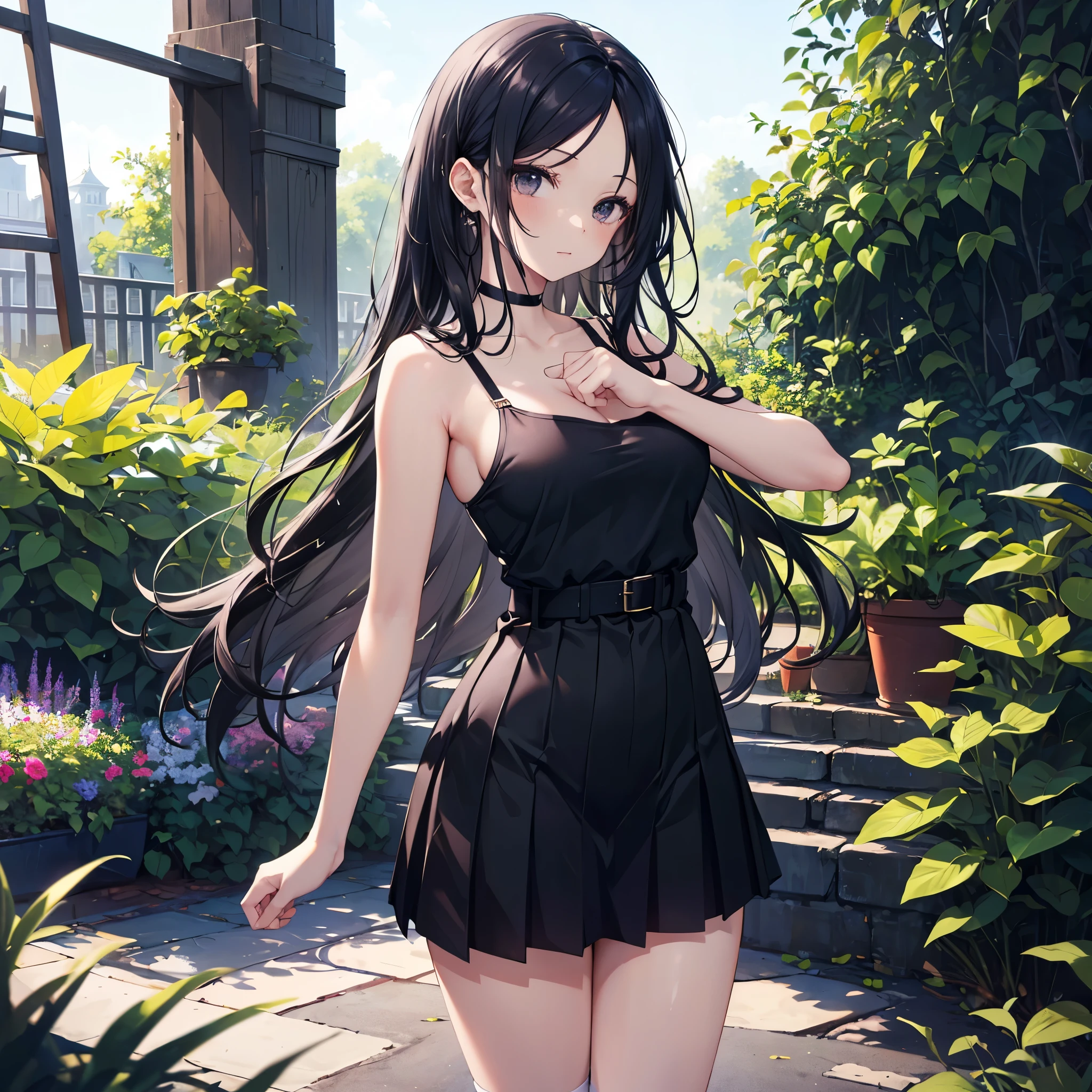 Masterpiece, top quality, Iori Fuyusaka 1, 1 girl, solo, (Venus bikini: 1.2), micro bikini, hair ornament, flowers, long hair, full body, gray hair, white flowers, gray eyes, viewer look, highly detailed urban background, (ulzzang-6500: 0.8), blush,