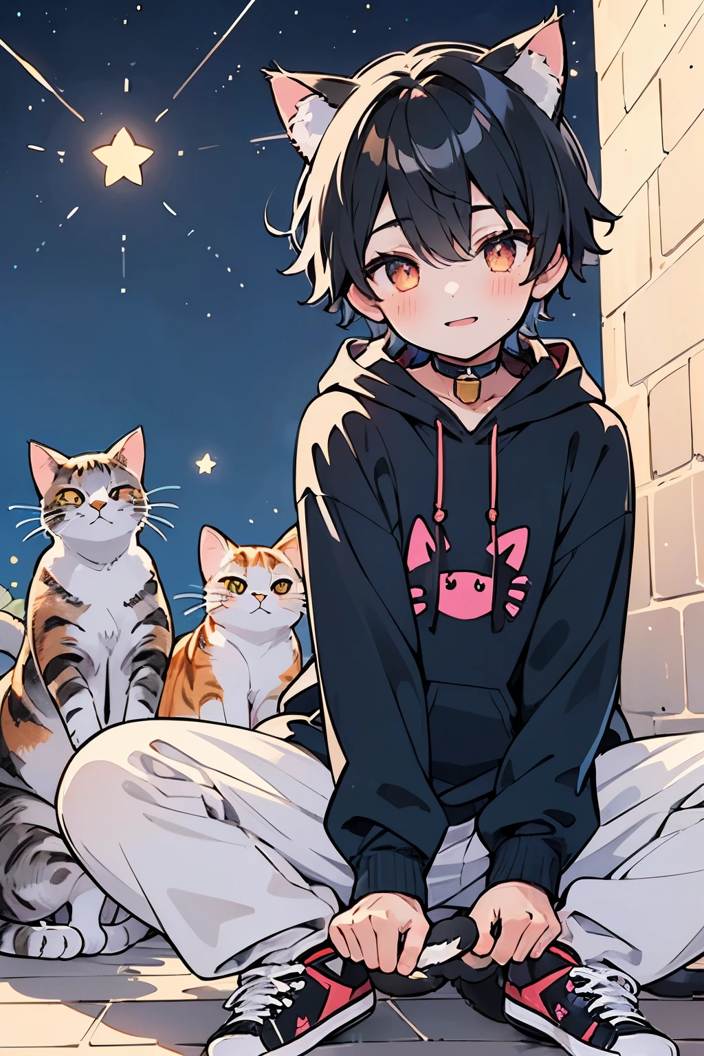((1-boy :1.5)),((Adult men with sex appeal:1.0)),black hair,(very short hair:1.0),braid hair,(red,white,yellow,black:0.85),((Kirakira eyes :1.0)),happy, pleasant face,cat ear hooded hoodie,(looking viewer:0.8),(looking back:0.6), thick soled sneakers ,((kawaii)),(crouching:0.5),(Covered in cats:1.5),((night star background:1.0)),((cat tale:1.25)),