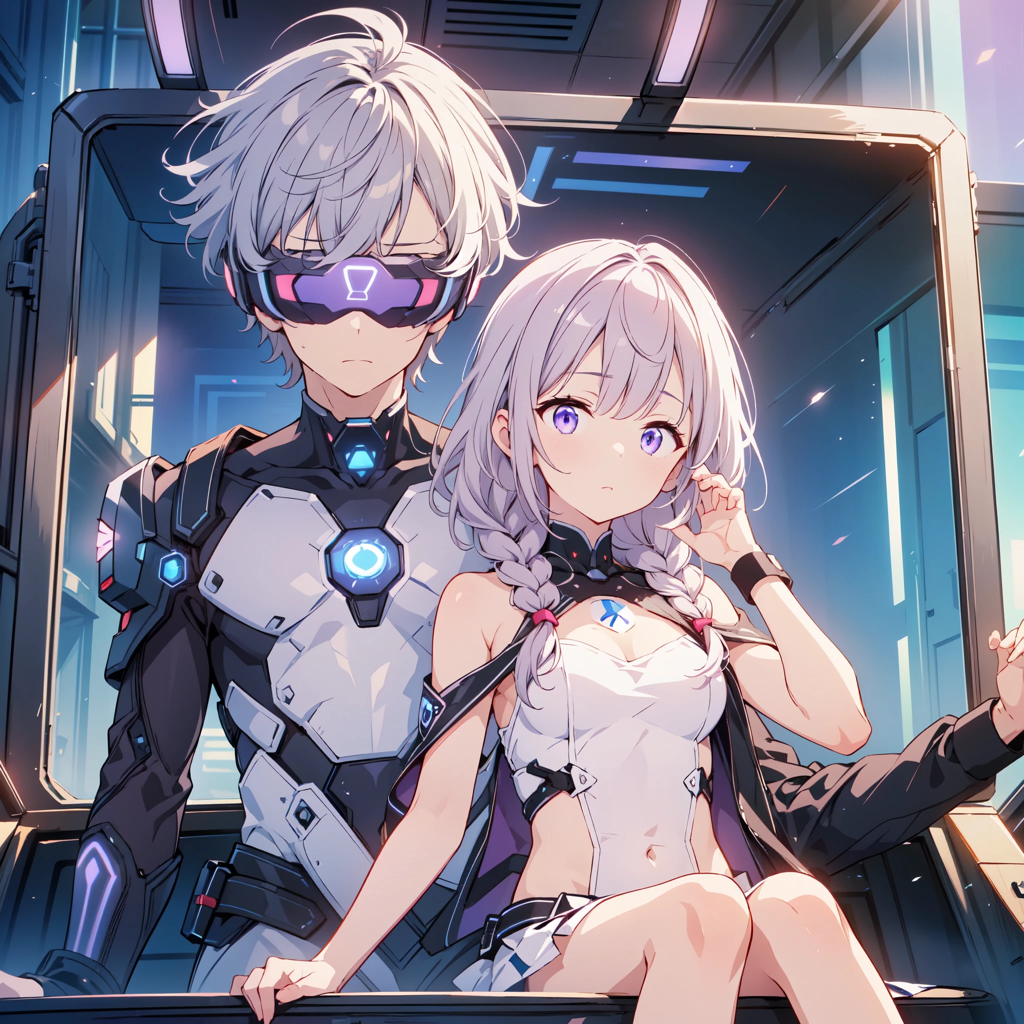 hetero couple,  (cityscape:1.5), (NSFW, topless bare small middle boobies, uncensored bare pussy:1.6), (Face of love, I&#39;m so happy:1.5), (cyborg girl:1.5), low teen, dynamic angle, stylish free pose, (headphone, mechanical fuselage, mechanical clothing), looking at the viewer, (hime cut, long hair:1.5), (blue mini skirt:1.5), plastic corset, Beautiful light effect, glowing skin, (removable long sleeves, very wide sleeve:1.5), (caution decal, corporate logotype:1.2), (small open mouth:1), 
