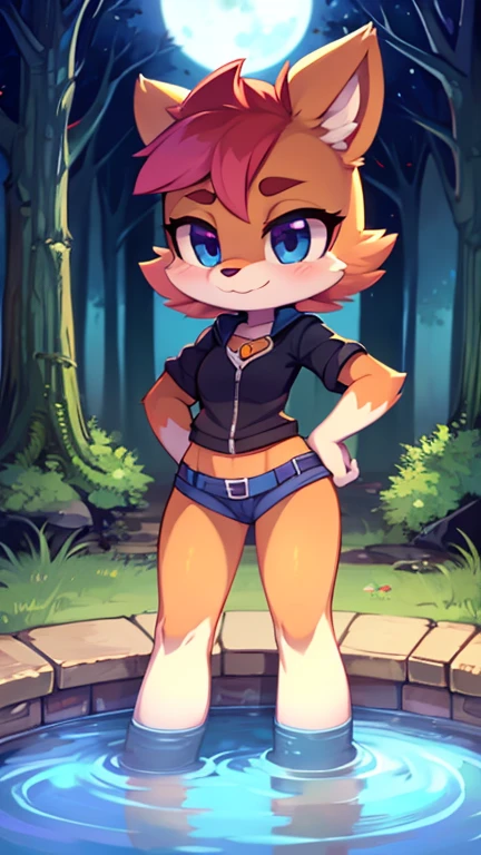 (uploaded on e621) (((by nitro, by marthedog, by naoto oshima))), (masterpiece, best quality:1.2) 1girl, solo, breasts, looking at viewer, blue eyes, medium breasts, two-toned fur, bodyfur, topless, bottomless,. vest, blue vest, sleeveless, boots, blue boots, footwear, hands on hips, brown fur, yellow fur, snout, animal ears, red hair, short hair, bangs, long eyelashes, Sally Acorn, forest, trees, blue sky, sunny, grass, detailed background, navel, makeup, standing, collarbone, open clothes,