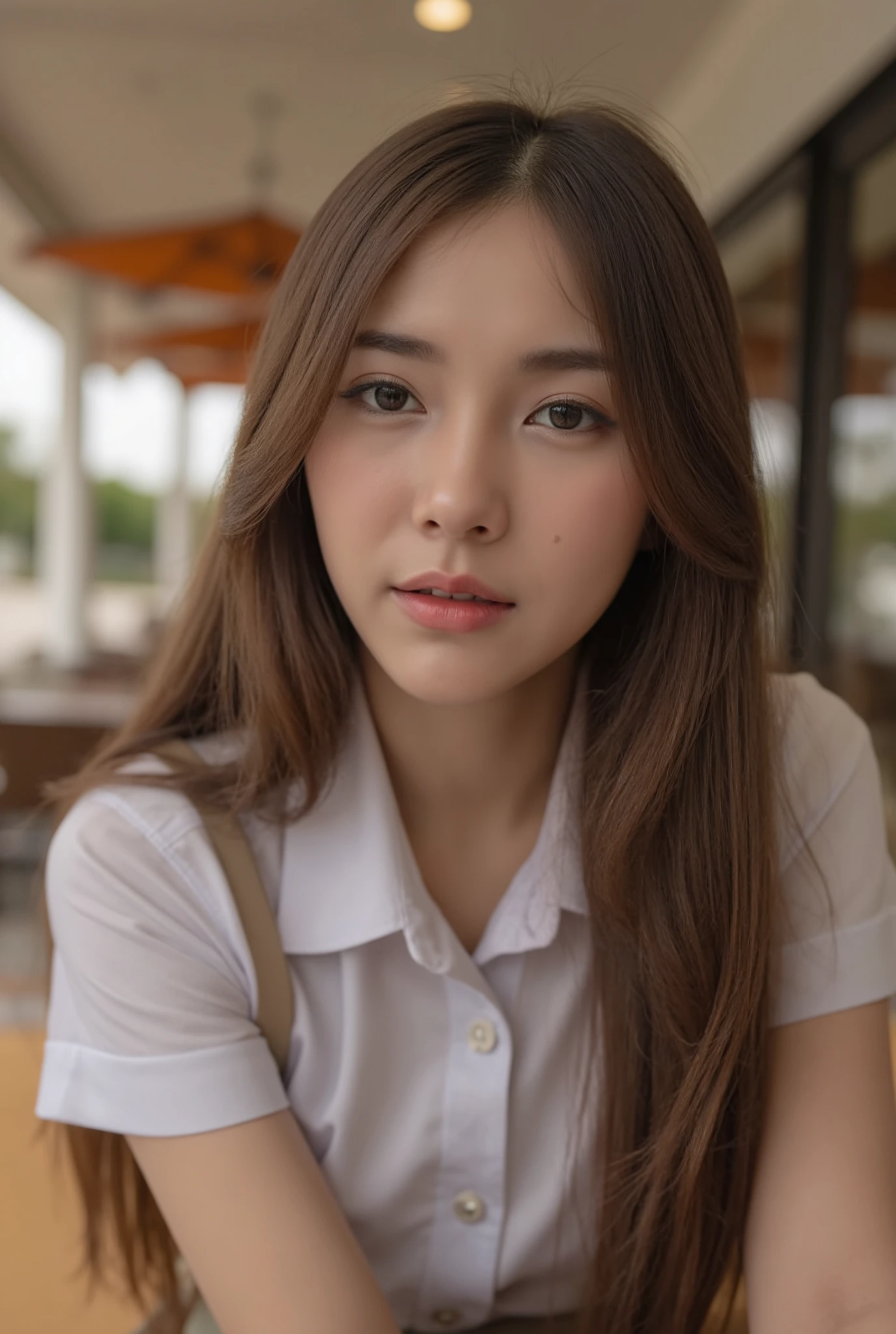 a beautiful 22 year old Thai woman, sitting pose in STARBUCKS coffee shop outdoor, wearing student uniform, detailed portrait, soft natural lighting, photorealistic, intricate details, cinematic composition, beautiful detailed eyes, beautiful detailed lips, extremely detailed face and features, long eyelashes, warm tones, depth of field, high quality, 8K, masterpiece