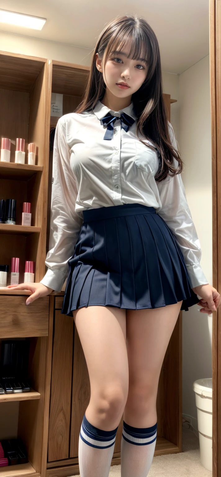 ((Take a photo of a woman looking up from below))、 ((View from below))、(​masterpiece:1.1)、(Photorealsitic:1.1)、(Best Quality Detail:1.2)、A hyper-realistic、8K、超A high resolution、ultra-detailliert、1girl in:1.2、Full body of a woman standing with legs apart in the park、(NSFW)、background with trees and flowers、(top-quality)、(high-detail)、intricate detailes、Detail Beautiful delicate face、Detailed eyes、Watching the viewer、Girl looking down at the viewer、depth of fields、age19、Surprisingly cute face、Kpop Girl、Korean Urzan Face、ulzzang -6500-v1.1:0.8、pureerosface_v1、teak、lipgloss、perfectly proportions、middlebreasts、Wearing high-school uniform、Tight clothes、Impossibly short skirt、Model Standing、(((Tiny panties、micro pantie、Pubic hair can be seen through the lace of the panties)))、(((Panties are lace pale pink panties)))、(((Blue school uniform、Japan school uniform、White blouses、Tight white short-sleeved blouse with cute ribbon at the collar、dark brown loafers)))、(((See all panties)))、(((The skirt is definitely worn)))、(((Lift skirt hem)))、(Skirt twisting)、You can see all the panties、Very very cute face、Attractive double eyelids、beautiful countenance、(White Y-shirt)、(((Blue Micro Mini Pleated Skirt、Underwear under clothes、White bra、white  panties、Panties with detailed details)))、fascination pose、Legs wide open、((Turn up your skirt、Panty Exposure:1.2))、A smile、open open mouth、(Camel toes)、Realistic Photos、 Dynamic、crisp image、Upscaling、Professional retouching、(Looking here)、(disheveled hair)、Anatomically accurate body、Anatomically accurate fingers、No stockings、Bare legged、