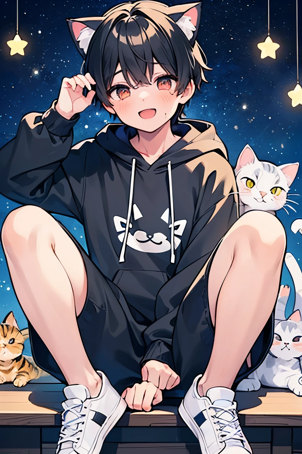 ((1-boy :1.5)),((Adult men with sex appeal:1.0)),black hair,(very short hair:1.0),braid hair,(red,white,yellow,black:0.85),((Kirakira eyes :1.0)),happy, pleasant face,cat ear hooded hoodie,(looking viewer:0.8),(looking back:0.6), thick soled sneakers ,((kawaii)),(crouching:0.5),(Covered in cats:1.5),((night star background:1.0)),((cat tale:1.25)),