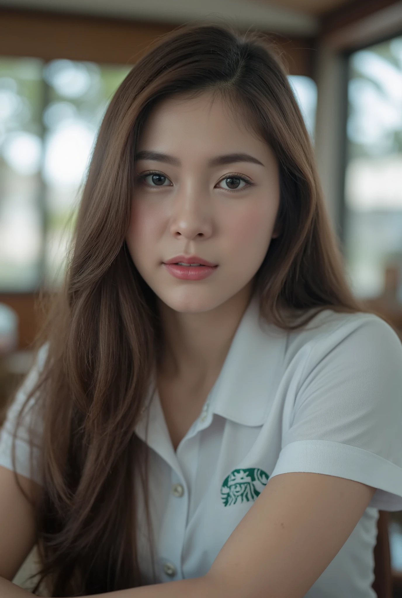 beautiful detailed eyes, beautiful detailed lips, extremely detailed eyes and face, longeyelashes, 1girl, young beautiful thai woman, 22 years old, sitting pose, starbucks coffee shop outdoor, student uniform, full body portrait, (best quality,4k,8k,highres,masterpiece:1.2),ultra-detailed,(realistic,photorealistic,photo-realistic:1.37),HDR,UHD,studio lighting,ultra-fine painting,sharp focus,physically-based rendering,extreme detail description,professional,vivid colors,bokeh,portrait photography