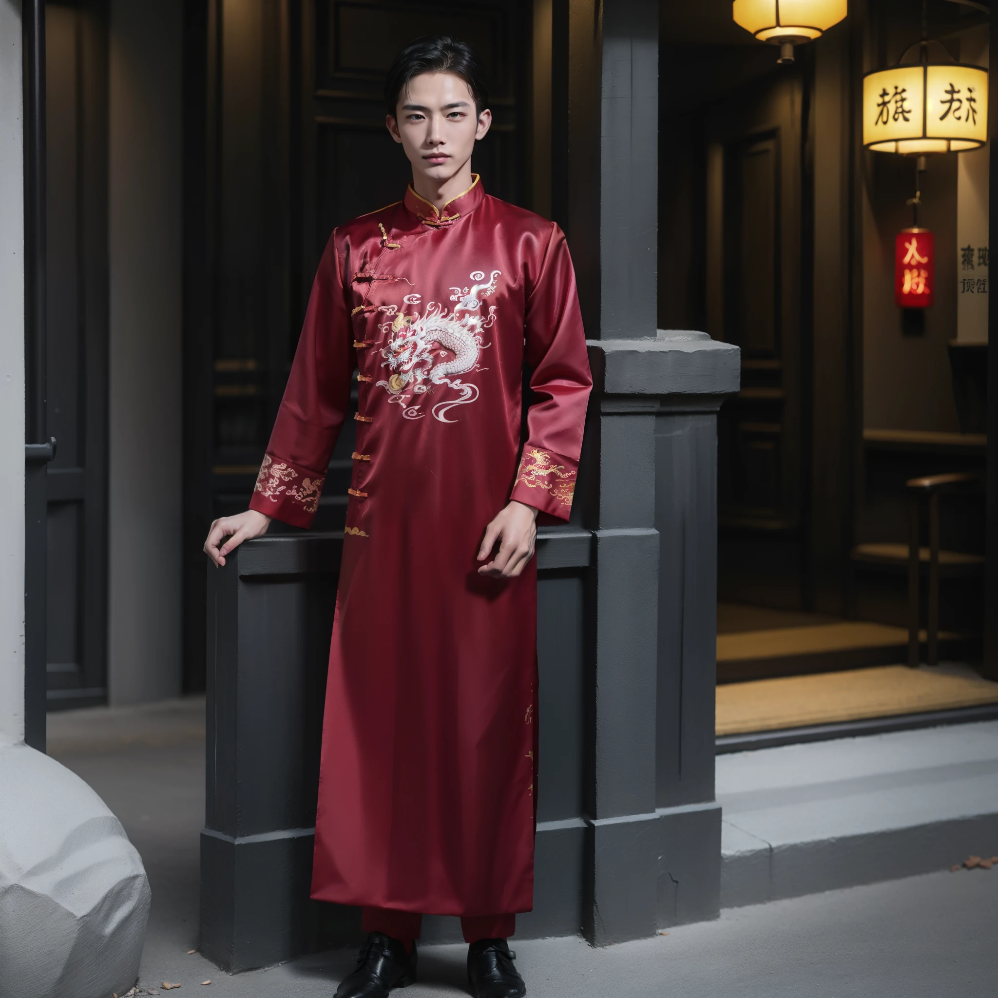 handsome male,look at viewer,Chinese dragon,embroidery,