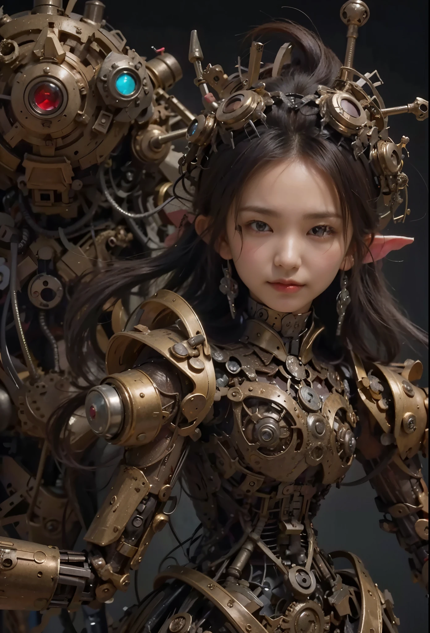 (Completely live action:1.37), (Amazingly realistic textures:1.37), (masterpiece, best quality:1.2), (8k uhd, 16k, 32k, ultra high res), amazingly realistic skin, amazingly realistic photo, superrealism, (photorealistic:1.37), (RAW photo), ultimately realistic, (ultimately realistic all details), (ultimately realistic all textures), super realistic lighting, super realistic shadow, (japanese girl:1.5), (realistic idol face), smiling, happy, super realistic face, ultimately realistic skin, ultimately realistic eyes, (mascara:1.35)ultimately realistic background, ultimately realistic detail up, (kkw-ph1:1.25), (GotouMaki:1.25), (Canon EOS R6, 85mm, 1/200s, f/5.6, ISO 1600), (tattoo), (mechanical armor:1.37), (blue eyes:1.2), (silver hair:1.3),