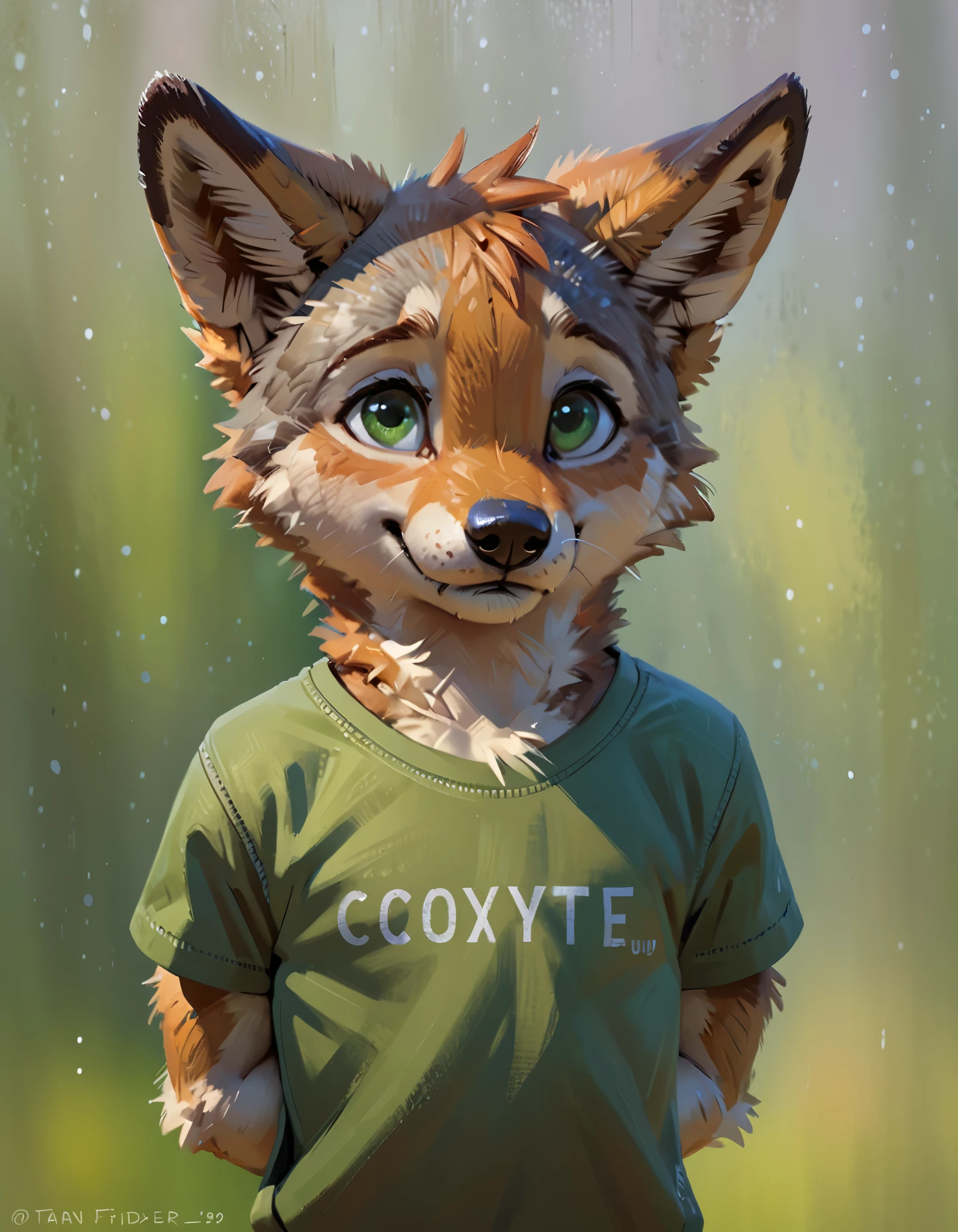 Anthropomorphic coyote pup, solo, young, small, shy expression, nervous smile, green eyes, big t-shirt, hands behind back, ginger fur, depth of field, (by Taran Fiddler)
