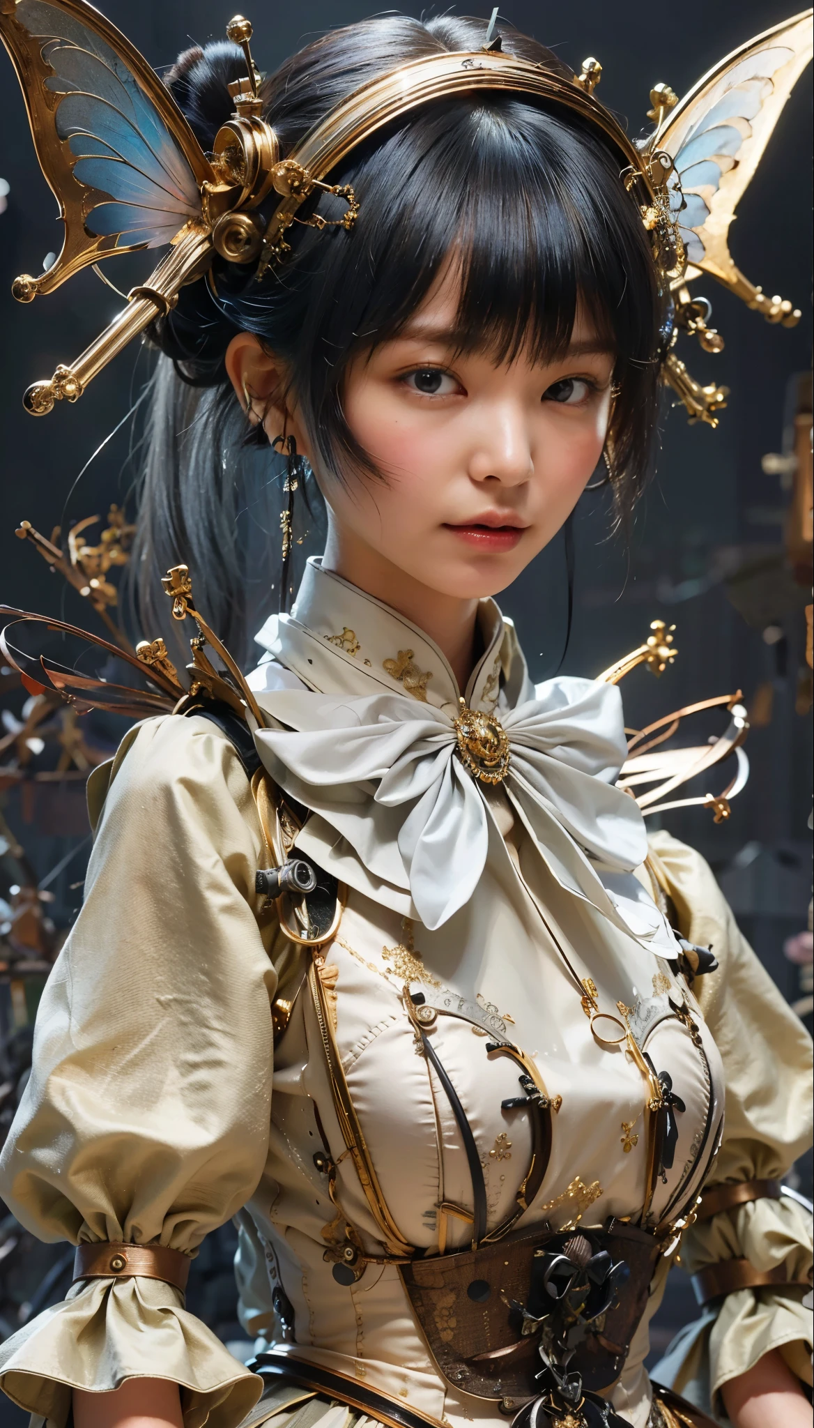 (Completely live action:1.37), (Amazingly realistic textures:1.37), (masterpiece, best quality:1.2), (8k uhd, 16k, 32k, ultra high res), amazingly realistic skin, amazingly realistic photo, superrealism, (photorealistic:1.37), (RAW photo), ultimately realistic, (ultimately realistic all details), (ultimately realistic all textures), super realistic lighting, super realistic shadow, (japanese girl:1.5), (realistic idol face), smiling, happy, super realistic face, ultimately realistic skin, ultimately realistic eyes, (mascara:1.35)ultimately realistic background, ultimately realistic detail up, (kkw-ph1:1.25), (GotouMaki:1.25), (Canon EOS R6, 85mm, 1/200s, f/5.6, ISO 1600), (tattoo), (mechanical armor:1.37), (blue eyes:1.2), (silver hair:1.3),