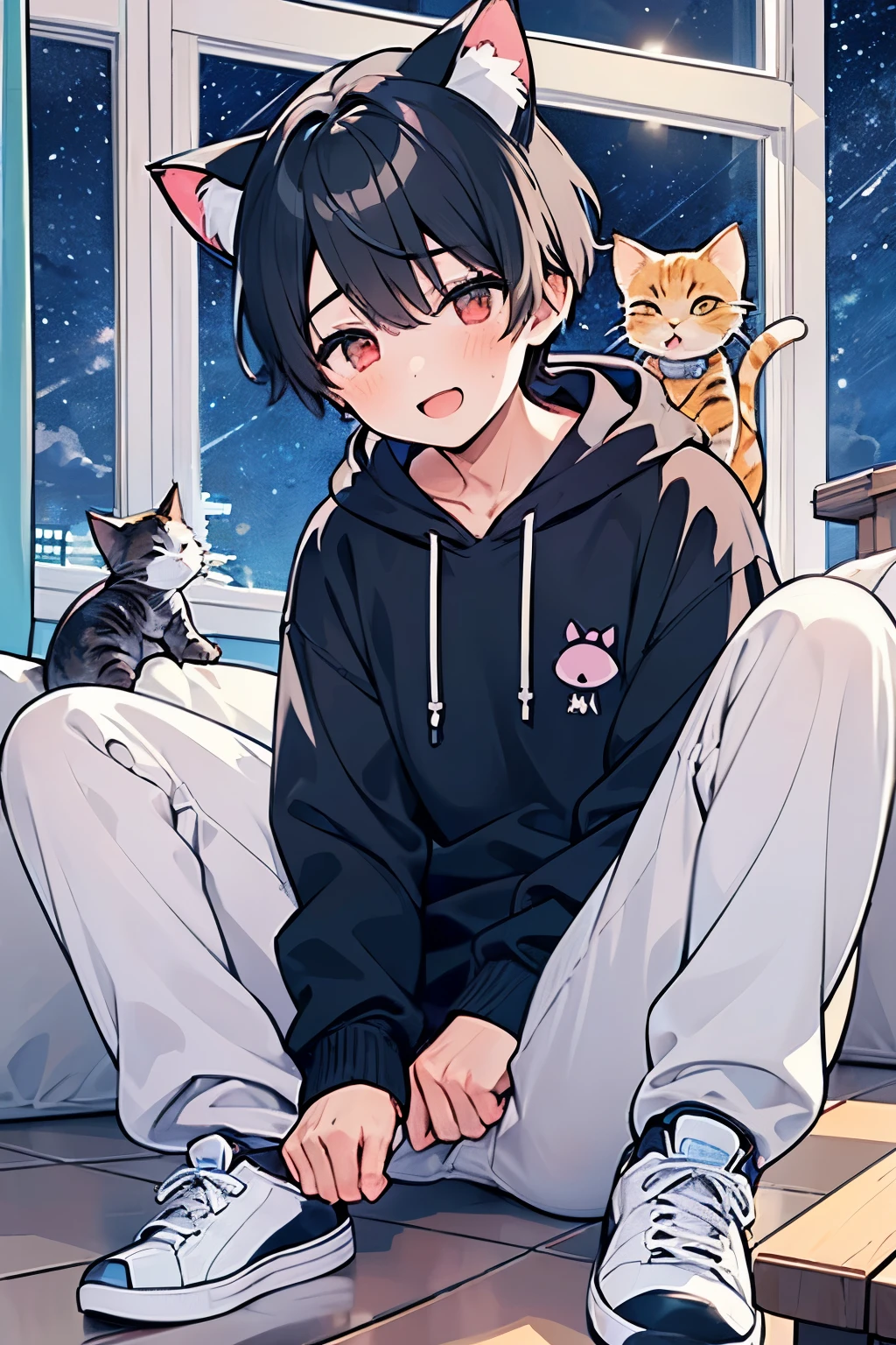 ((1-boy :1.5)),((Adult men with sex appeal:1.0)),black hair,(very short hair:1.0),braid hair,(red,white,yellow,black:0.85),((Kirakira eyes :1.0)),happy, pleasant face,cat ear hooded hoodie,(looking viewer:0.8),(looking back:0.6), thick soled sneakers ,((kawaii)),(crouching:0.5),(Covered in cats:1.5),((night star background:1.0)),((cat tale:1.25)),