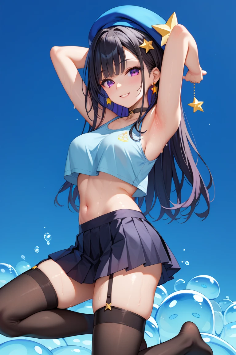 (masterpiece), (best quality), (official art, extremely detailed CG unity 8k wallpaper), (highly detailed), ((absurdres)), 1girl, mid shot, (exquisite facial features),(serafuku:1.3) ((sfw)),((clear hands)), ((white thighhighs without shoes)),aqua eyes, color contact lenses, stars in the eyes, (((colorful bubble))), colourful glass, (wearing bikini)