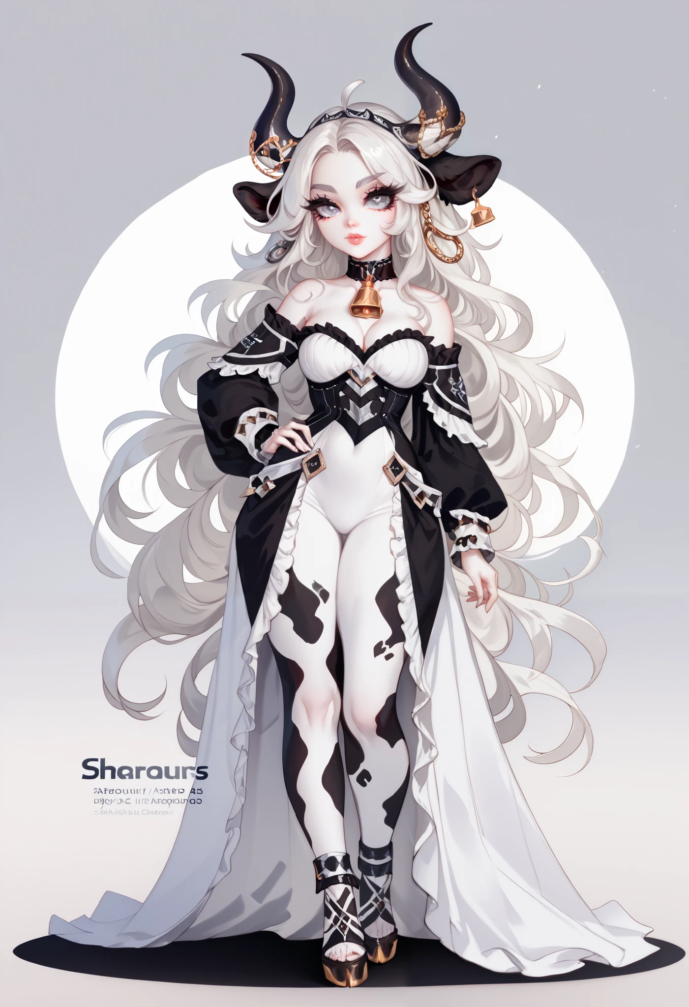 Woman 1,very white skin, Long hair, very white hair, white eyelashes,beautiful eyes, silver gray eyes, cow horns,cow horns metalisados plateados,metal horns, white skin with black spots, cowhide, innocent expression full body