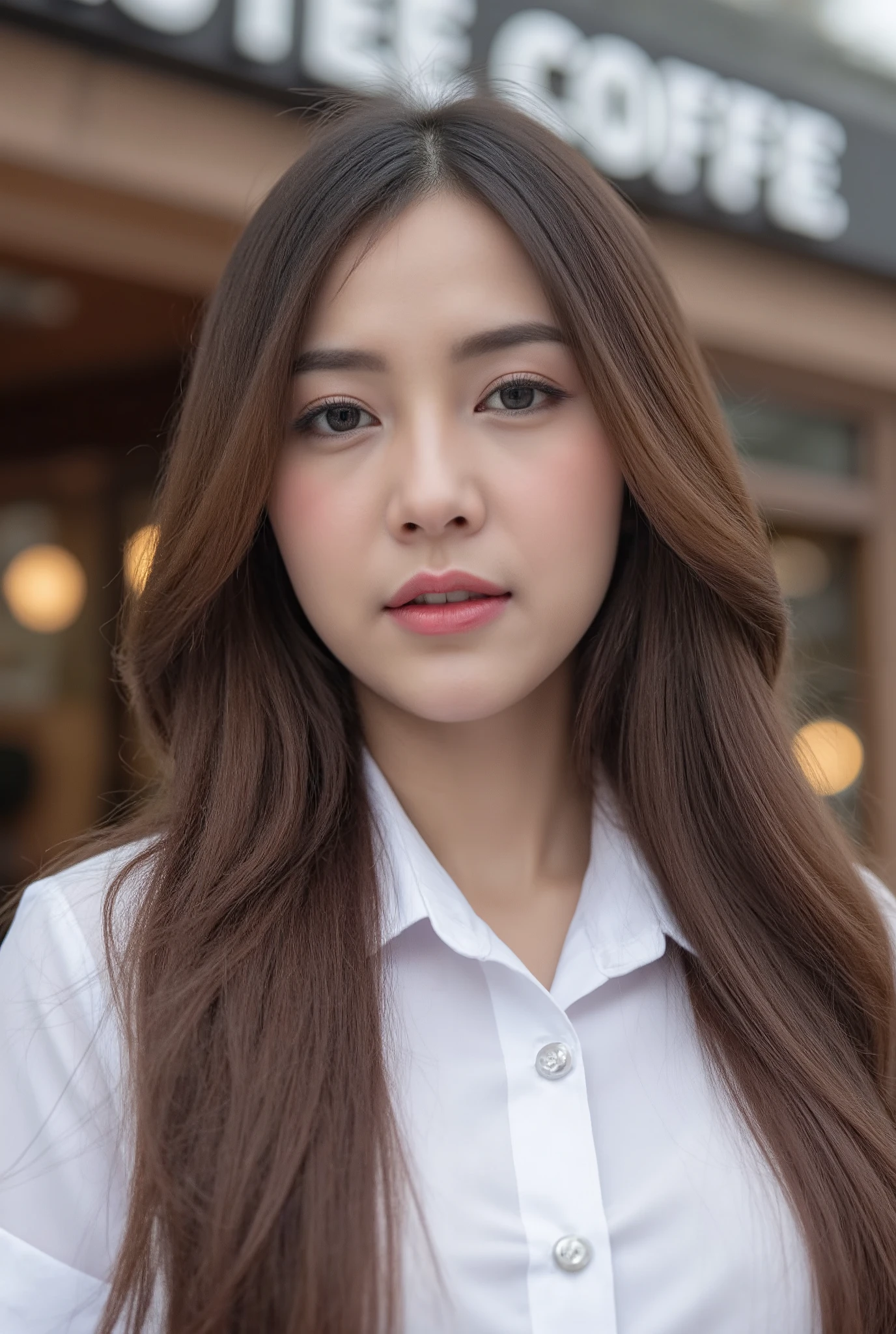 beautiful thai woman age 22 years, standing pose in front of starbucks coffee shop, wearing student uniform, full body portrait photo, extremely detailed eyes and face, beautiful detailed eyes, beautiful detailed lips, longeyelashes, photorealistic, 8k, high quality, hyper detailed, masterpiece, vibrant colors, natural lighting, warm color tone, symmetry, cinematic composition