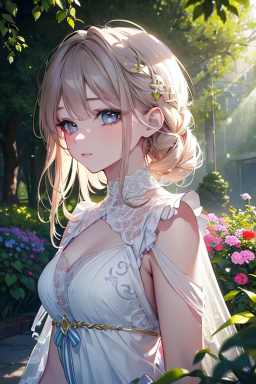 A mage woman wearing a robe of intricate and delicate design looks up at the sky in a lush garden amidst the rain. She has a beautiful face and shining eyes of vivid colors. She wears intricate and delicate ornaments. The sunlight reflects off the raindrops, making them sparkle. Detailed drawing. Vivid colors. High image quality