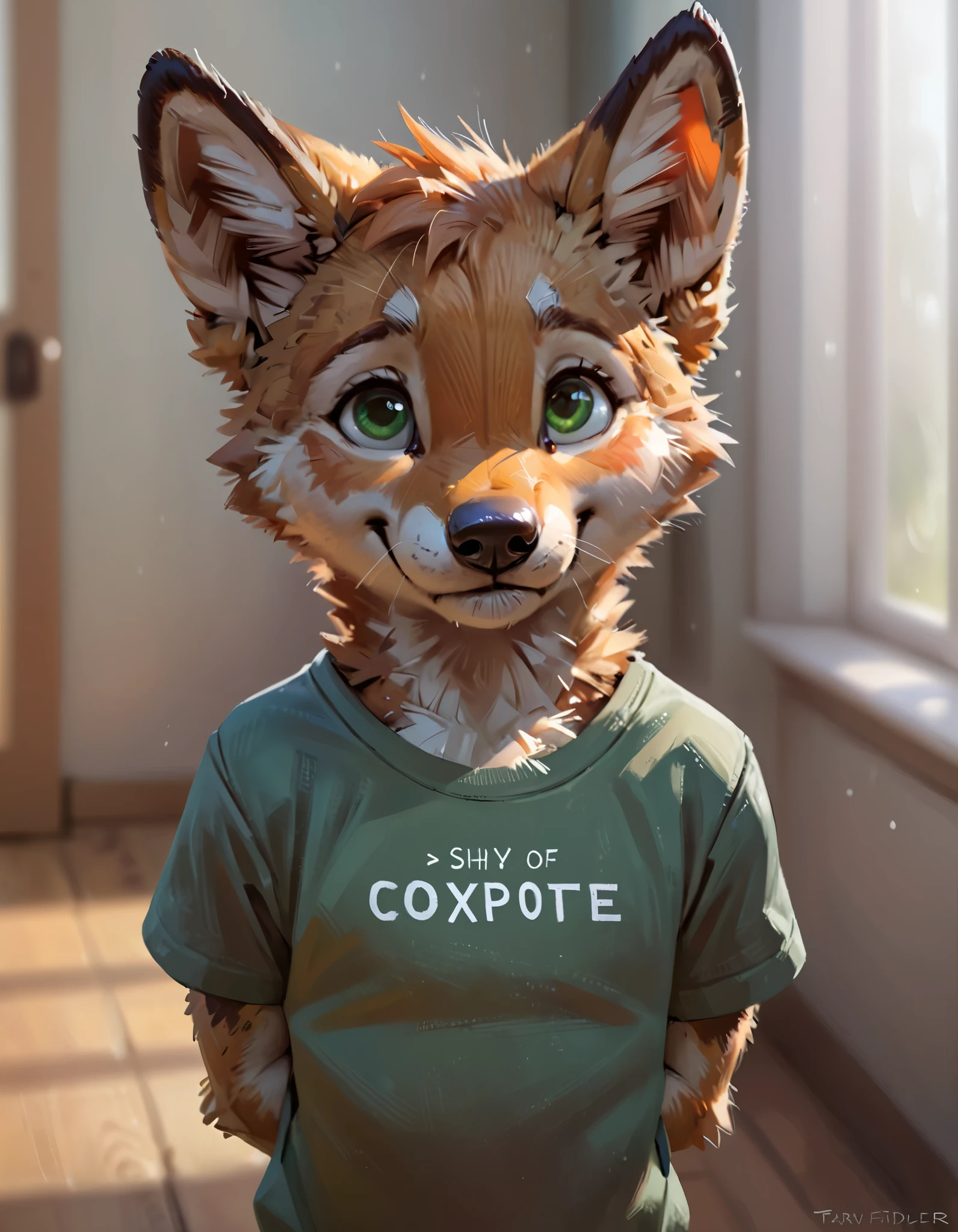 Anthropomorphic coyote pup, solo, young, small, shy expression, raised shoulders, nervous smile, green eyes, big t-shirt, hands behind back, ginger fur, depth of field, (by Taran Fiddler)