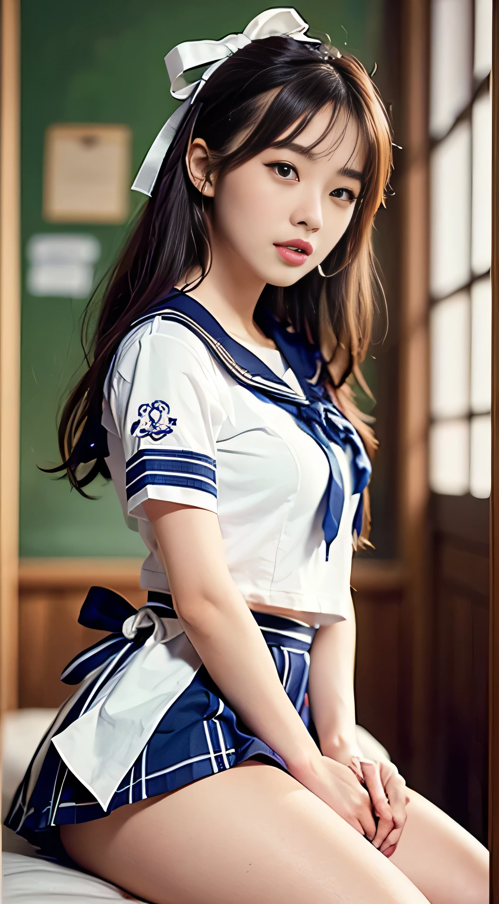 (8k, ultra-high resolution, highest quality, masterpiece:1.2), Masterpiece, best quality, illustration, ultra detailed, finely detailed, high resolution, 8k wallpaper, perfect dynamic composition, beautifully detailed eyes, (((She lifted her skirt with both hands to reveal her white panties))), (((Draw only one woman: 2)))、18 year old beautiful Japanese woman、(A high school girl wearing a sailor uniform with short sleeves and a ribbon: 1.5)、(Japan&#39;s strict girls&#39; school sailor suit)、( High school girl sitting in the church pew: 1.2)、(Beautiful and elaborate stained glass in the background: 1.5)、((1 screen))、8K、RAW shot、highest quality photos、masterpiece、amazing realism photography、(cinematic lighting:1.5)、((Anatomically accurate proportions:1.5))、((perfect proportions))、Cute woman like a Japanese idol、detailed face、detailed eyes、narrow nose、detailed skin、(beautiful long hair:1.5 )、((Photographing from the waist up:1.8))、((face close up:1.8))、(Angle from the side)、(smile:1.5)、(transparent bangs:1.5)