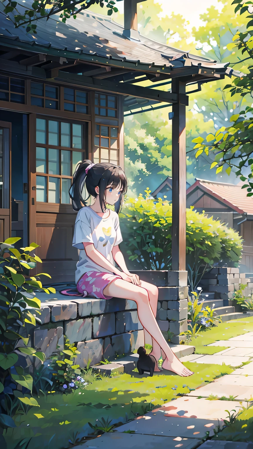 summer、Japanese countryside house、sitting on the edge。bucolic、Background of nature、Style、Countryside view、T-shirt girl、wind chimes、、One Girl、sunlight、Dynamic Angle((masterpiece,Highest quality))、