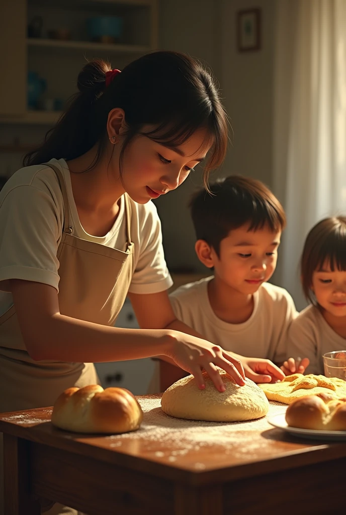 Smiling and their mothers, Making pastries and pies, Home kitchen with large windows, Natural light, very
