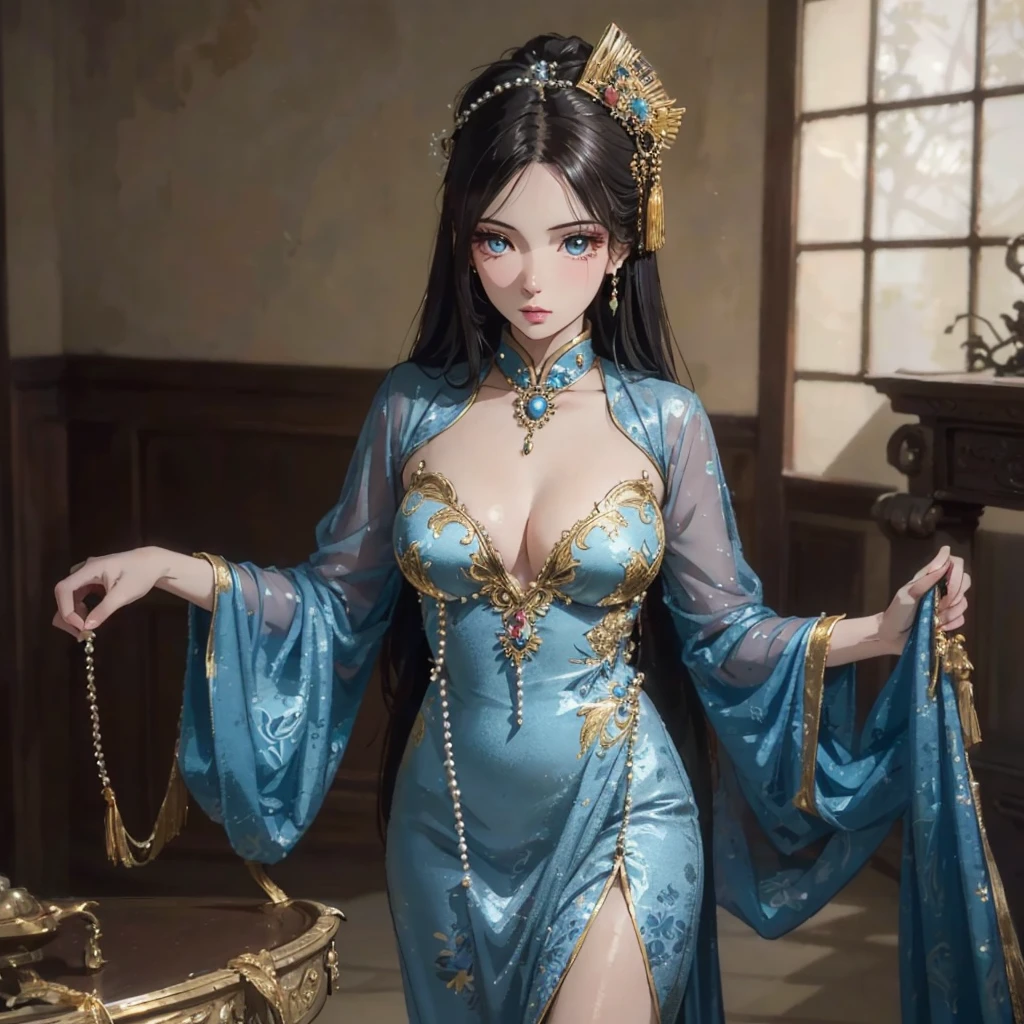 ((no background:1.0)), (cowboy shot), best quality, masterpiece, Solo, detailed sexy girl, ancient Chinese costume, large breasts
