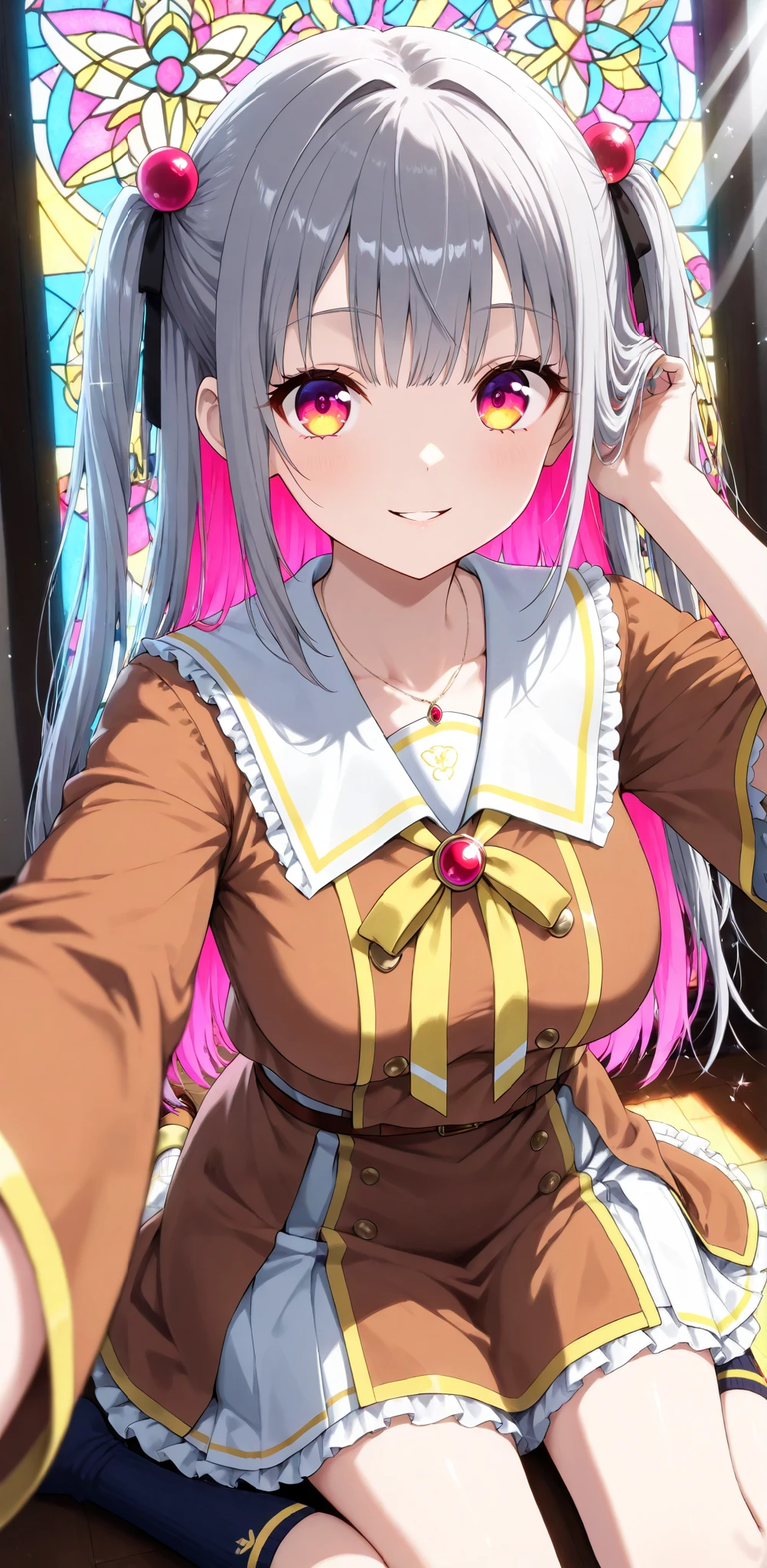 Colorful stained glass lights are projected onto the floor, (intricate stained glass), AIU, (Super detailed Backgrounds), (The frills were layered on top of each other), (hand in own hair), (smile parted lips), (looking at viewer), (sunbeam), ((light sparkles)), colored shadows, (selfie), masterpiece:1.3  portrait of a Cute girl with ultra detailed features, in 8K resolution, with vibrant colors and a sharp focus, best quality, (cute eyes), {{magenta eyes:1.8}}, (eyelashes), (Detailed eyes), (two side up hair style:1.0), (Hair Accessories), (straight hair), White skirt, Red Bell Sleeves, (Brown ball gown), (Yellow trim:1.2), White collar, Like a school uniform, (calf socks), Detailed clothing, (necklace), smooth Skin, big breasts, (Cute girl), solo, (Magenta inner hair:1.5 Sheer Pink:1.2), Grey hair,  {Magenta inner hair:1.5 Sheer Pink:1.2}, 