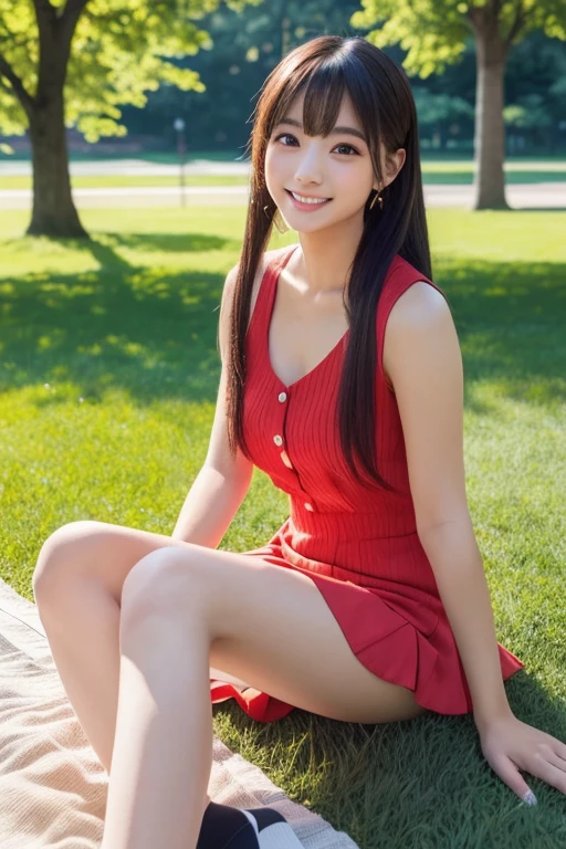 Laughing, white blouse, red skirt, lawn